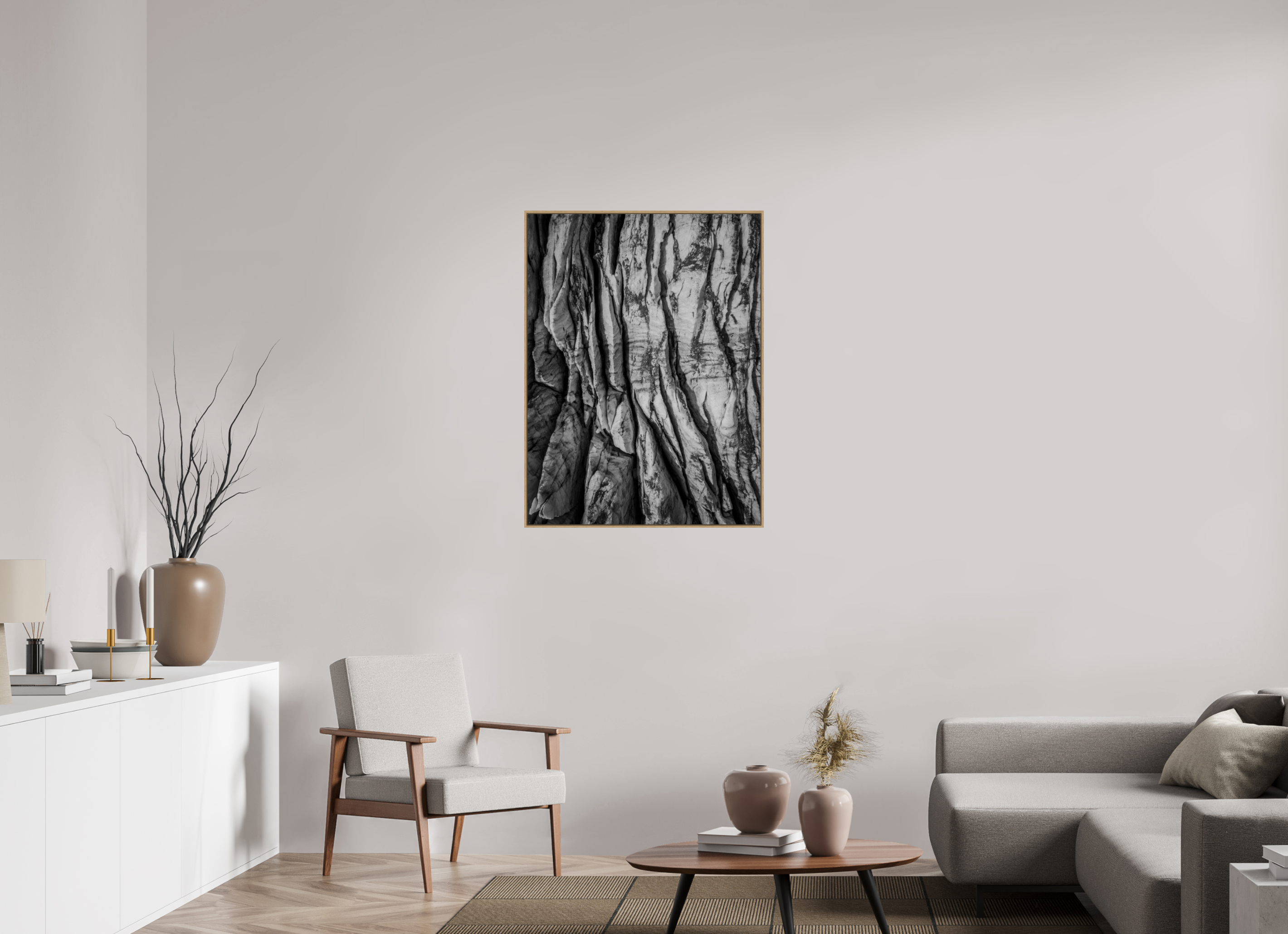 75 x 100 cm, Tirage sous Plexiglas encadré Veines de Glace – Glacier du Tour en noir et blanc