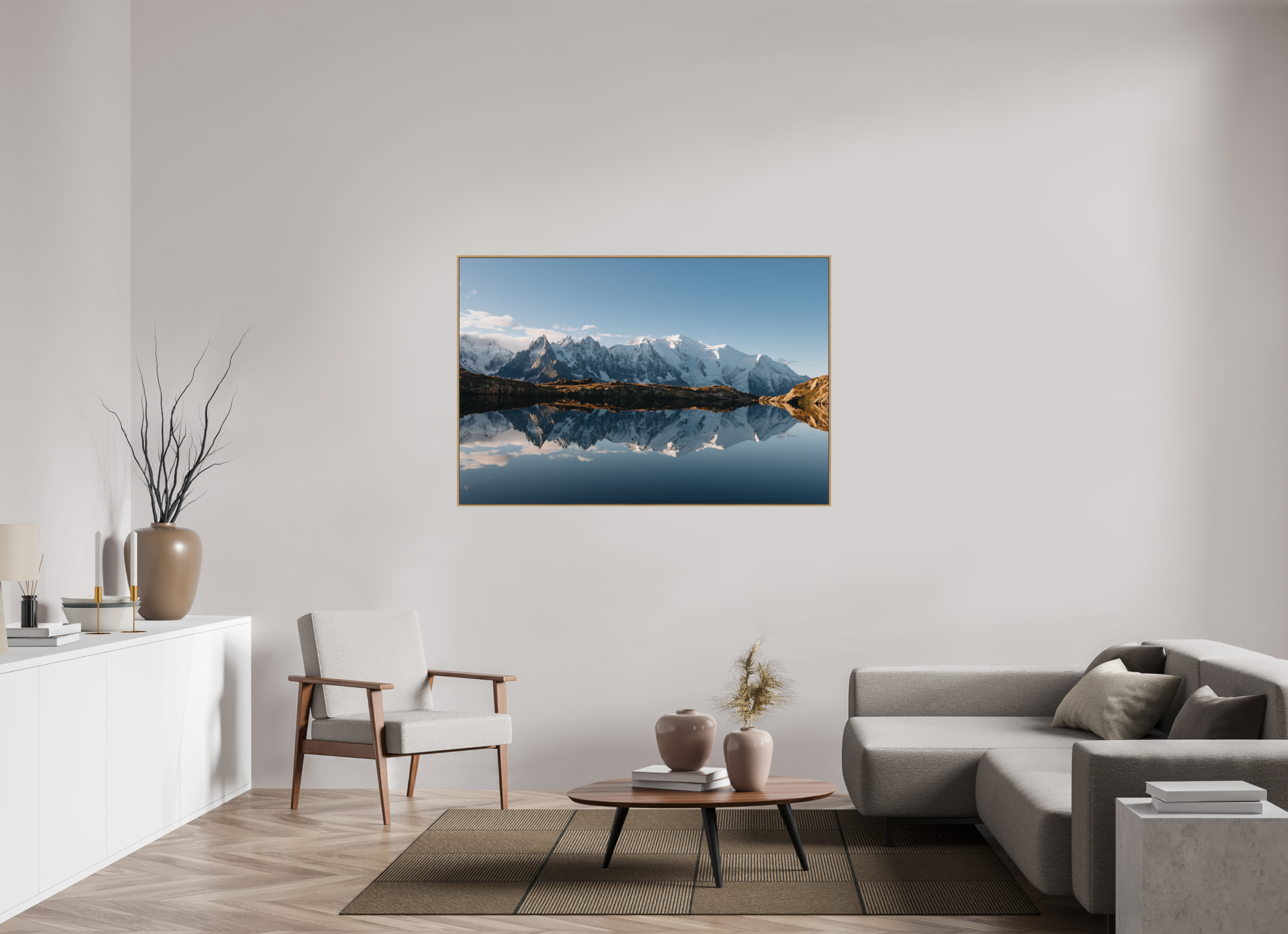 150 x 100 cm, Tirage sous Plexiglas encadré Reflets du Mont-Blanc sur le lac des Cheserys