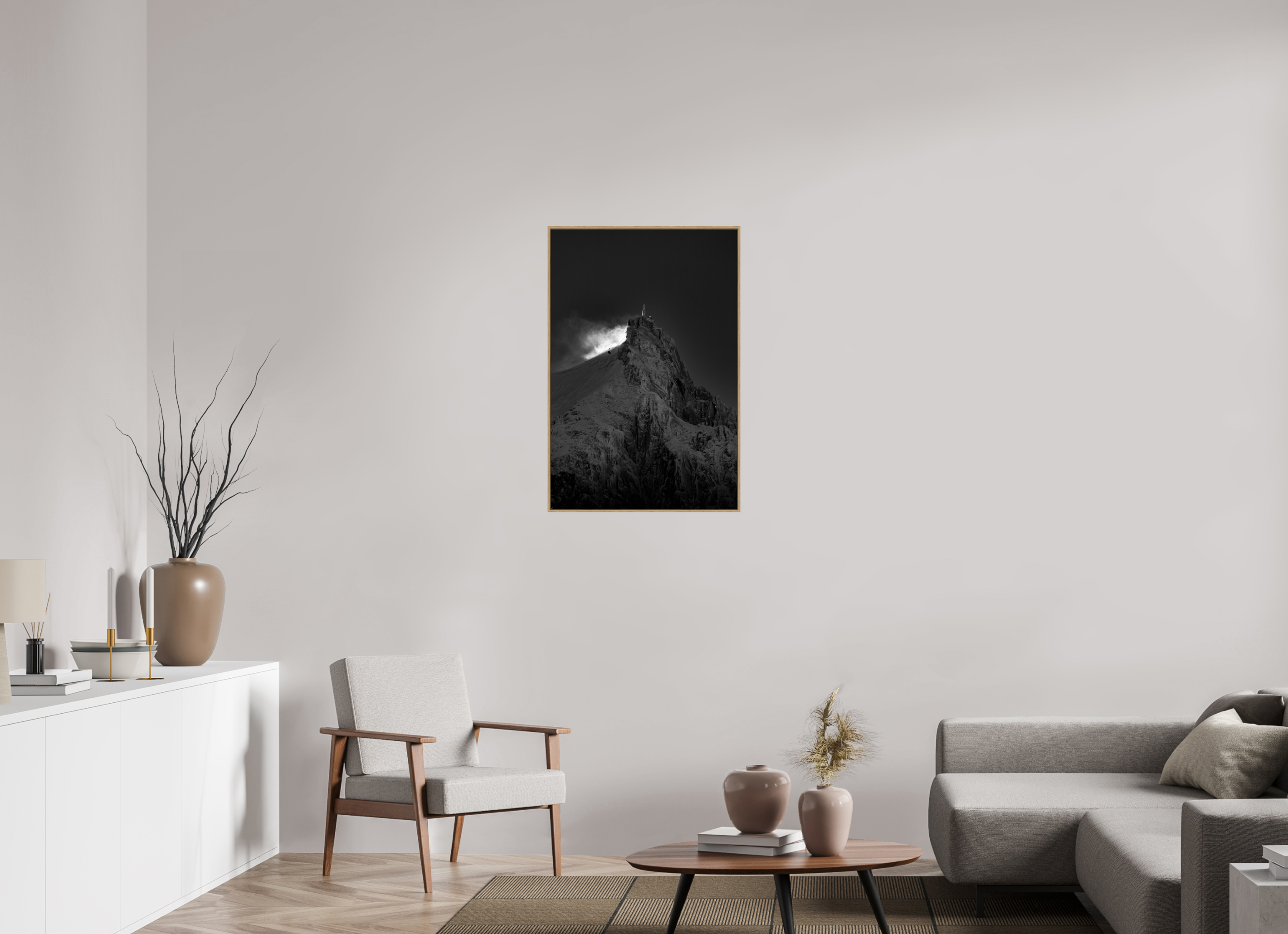 60 x 90 cm, Tirage sous Plexiglas encadré Aiguille du Midi – Neige tourbillonnante au soleil