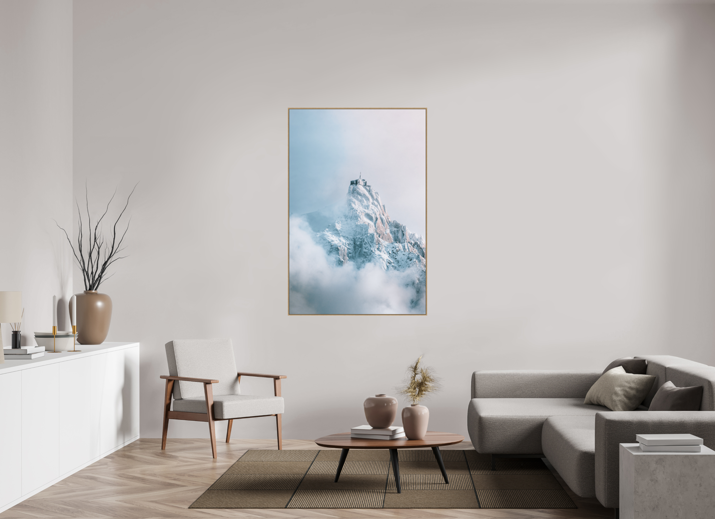 100 x 150 cm, Tirage sous Plexiglas encadré Aiguille du Midi au réveil hivernal