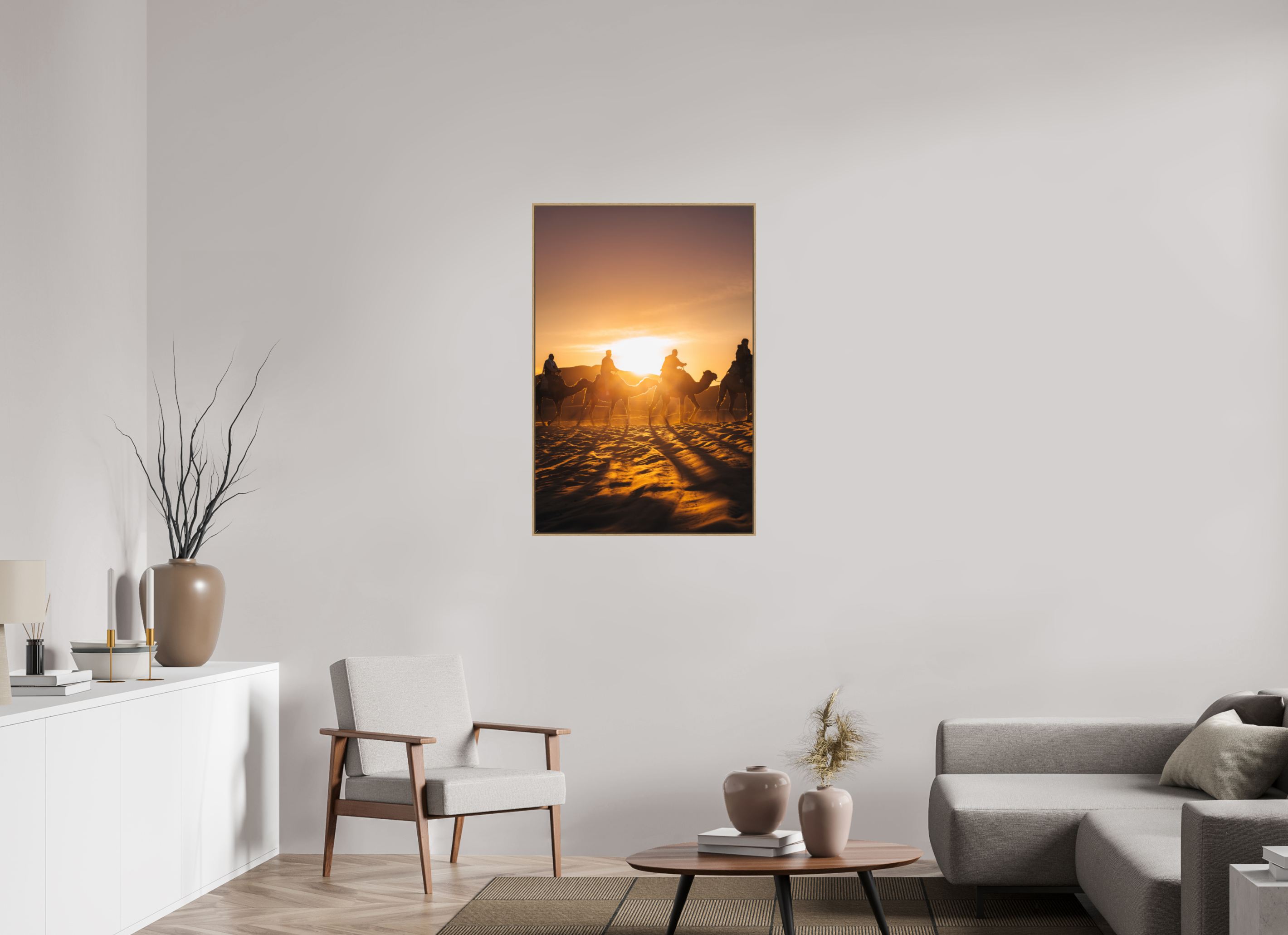 70 x 105 cm, Tirage sous Plexiglas encadré Silhouettes dans le soleil levant – Sahara