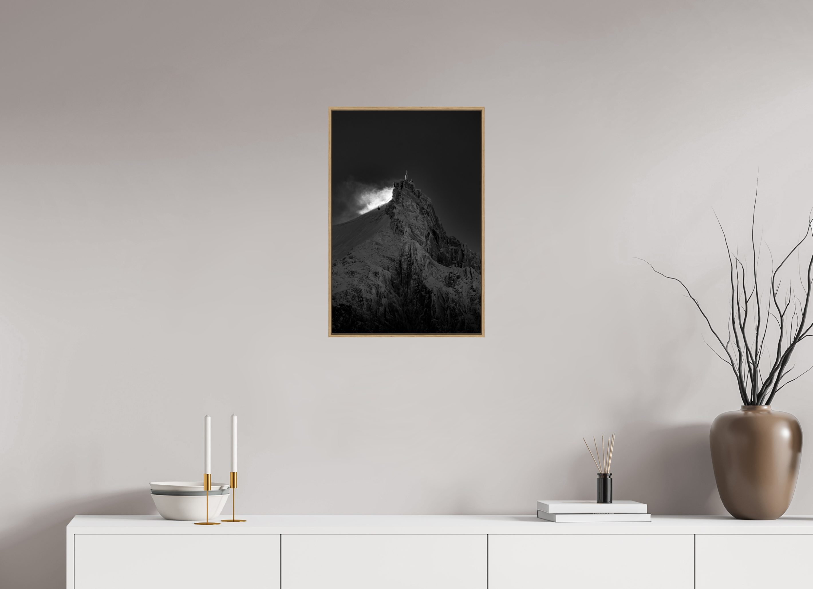 40 x 60 cm, Tirage sous Plexiglas encadré Aiguille du Midi – Neige tourbillonnante au soleil