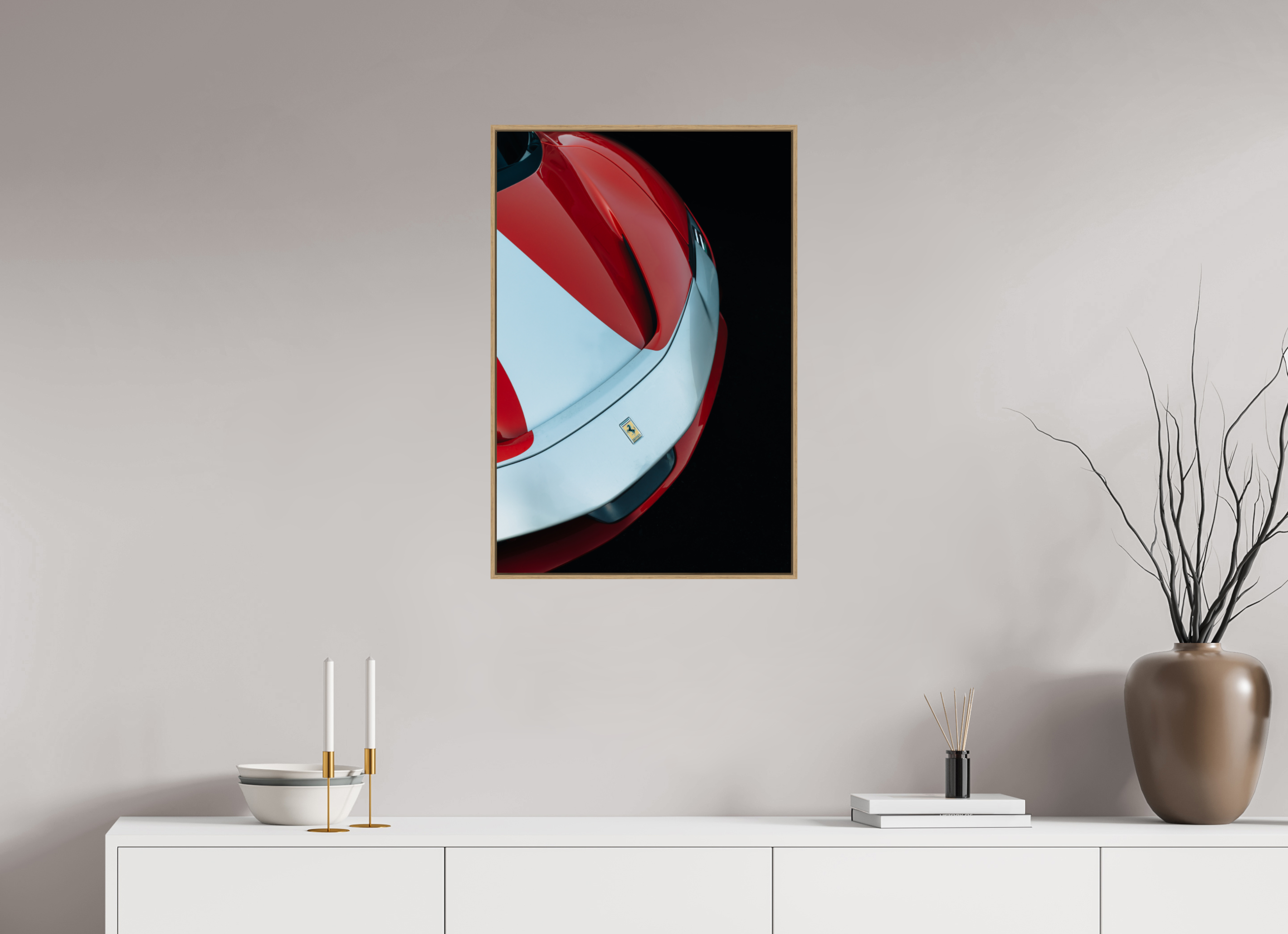 50 x 75 cm, Tirage sous Plexiglas encadré Ferrari SF90 Rouge et Blanche – Vue Avant Gauche