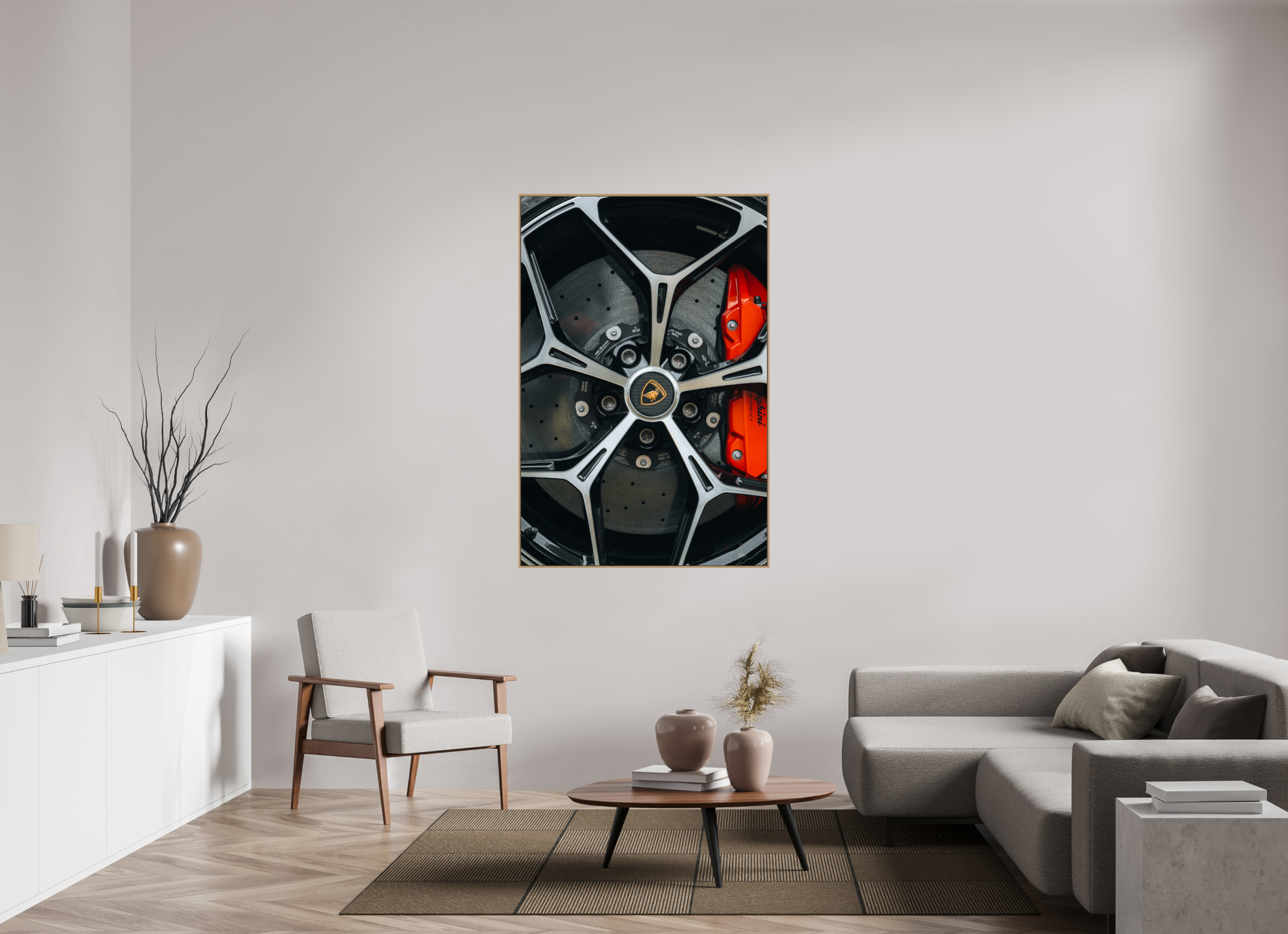 100 x 150 cm, Tirage sous Plexiglas encadré Lamborghini – Détail de jante
