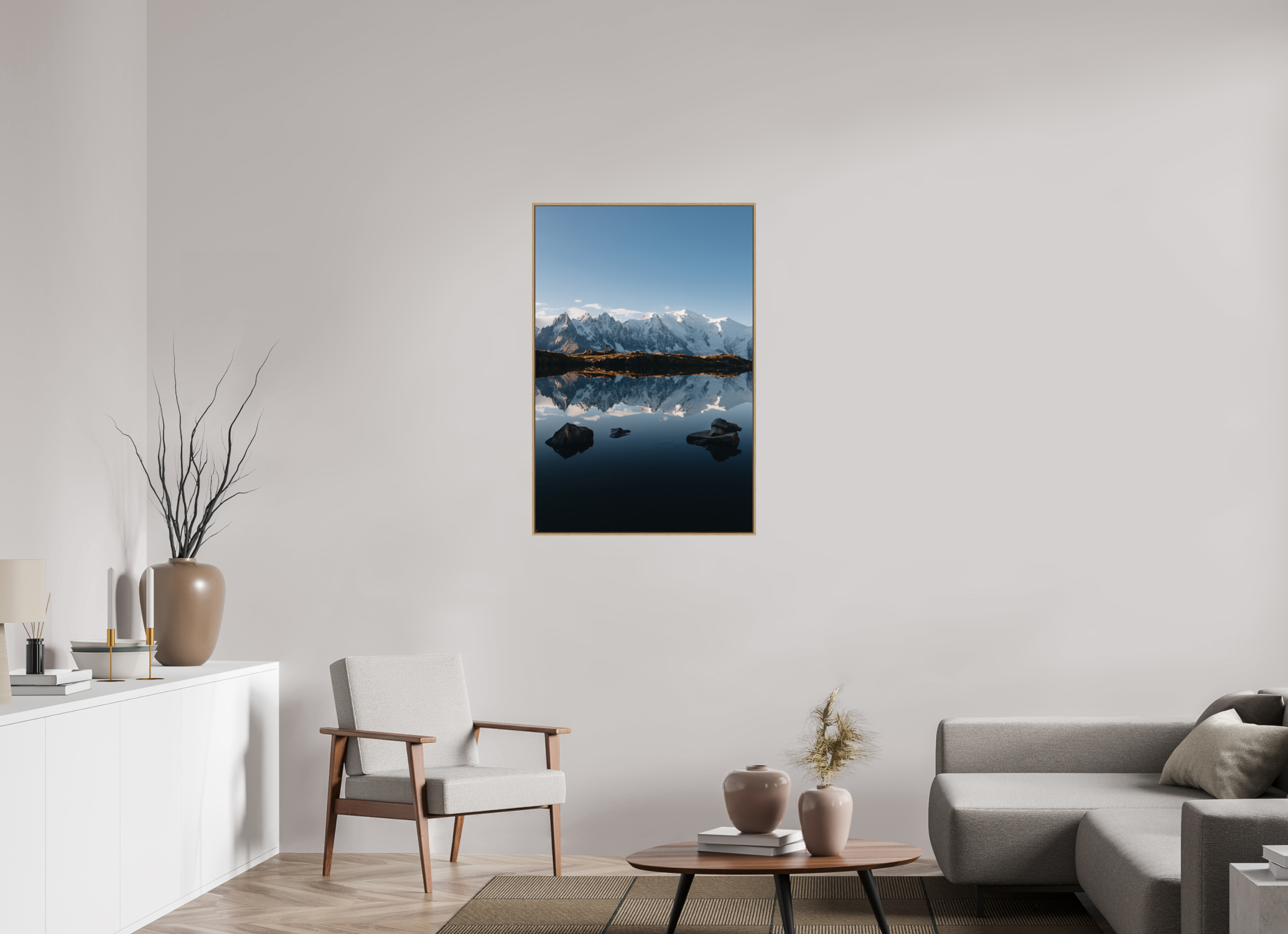 70 x 105 cm, Tirage sous Plexiglas encadré Mont-Blanc en miroir sur le lac des Cheserys