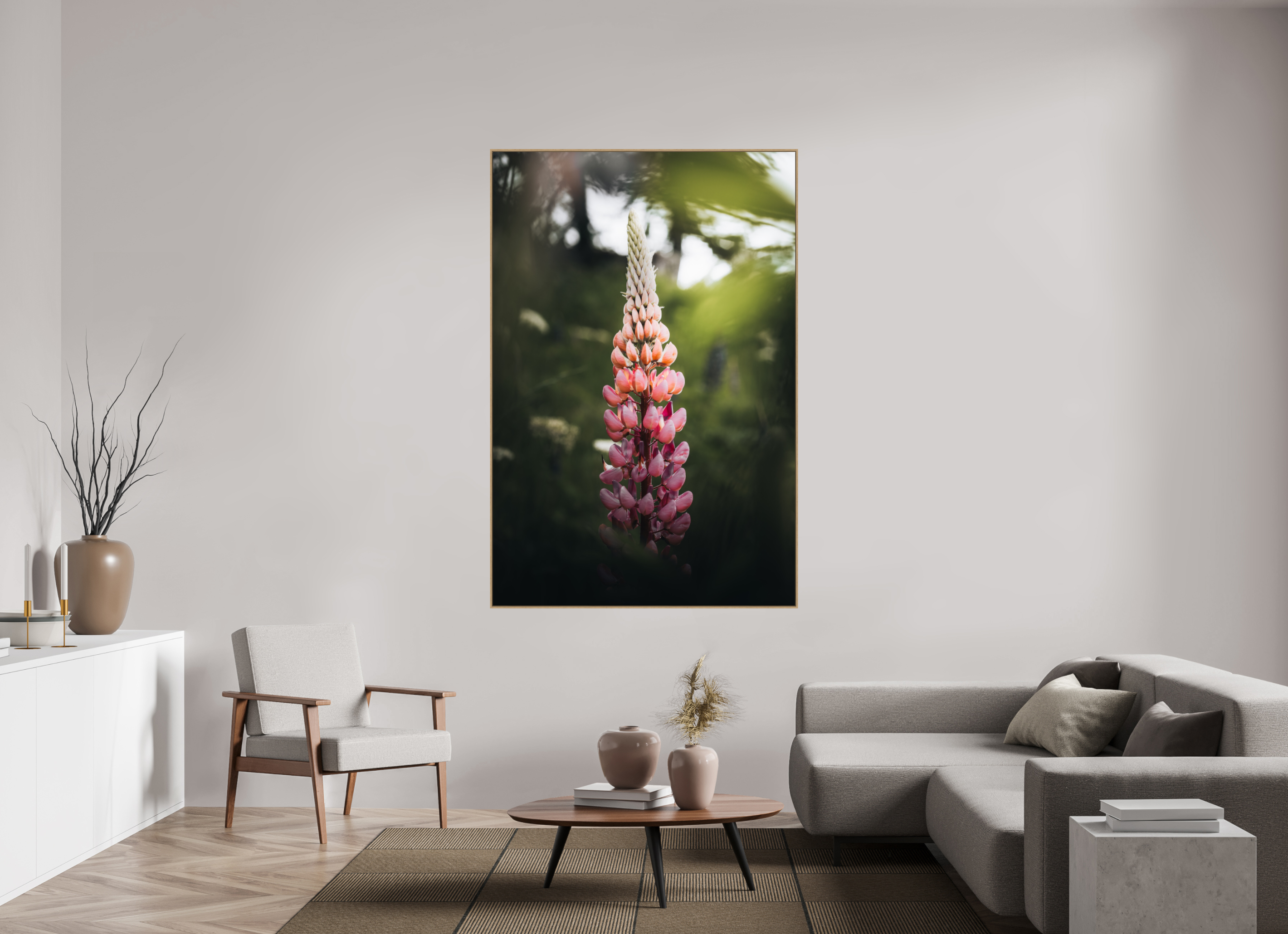 120 x 180 cm, Tirage sous Plexiglas encadré Lupin rose au soleil du matin