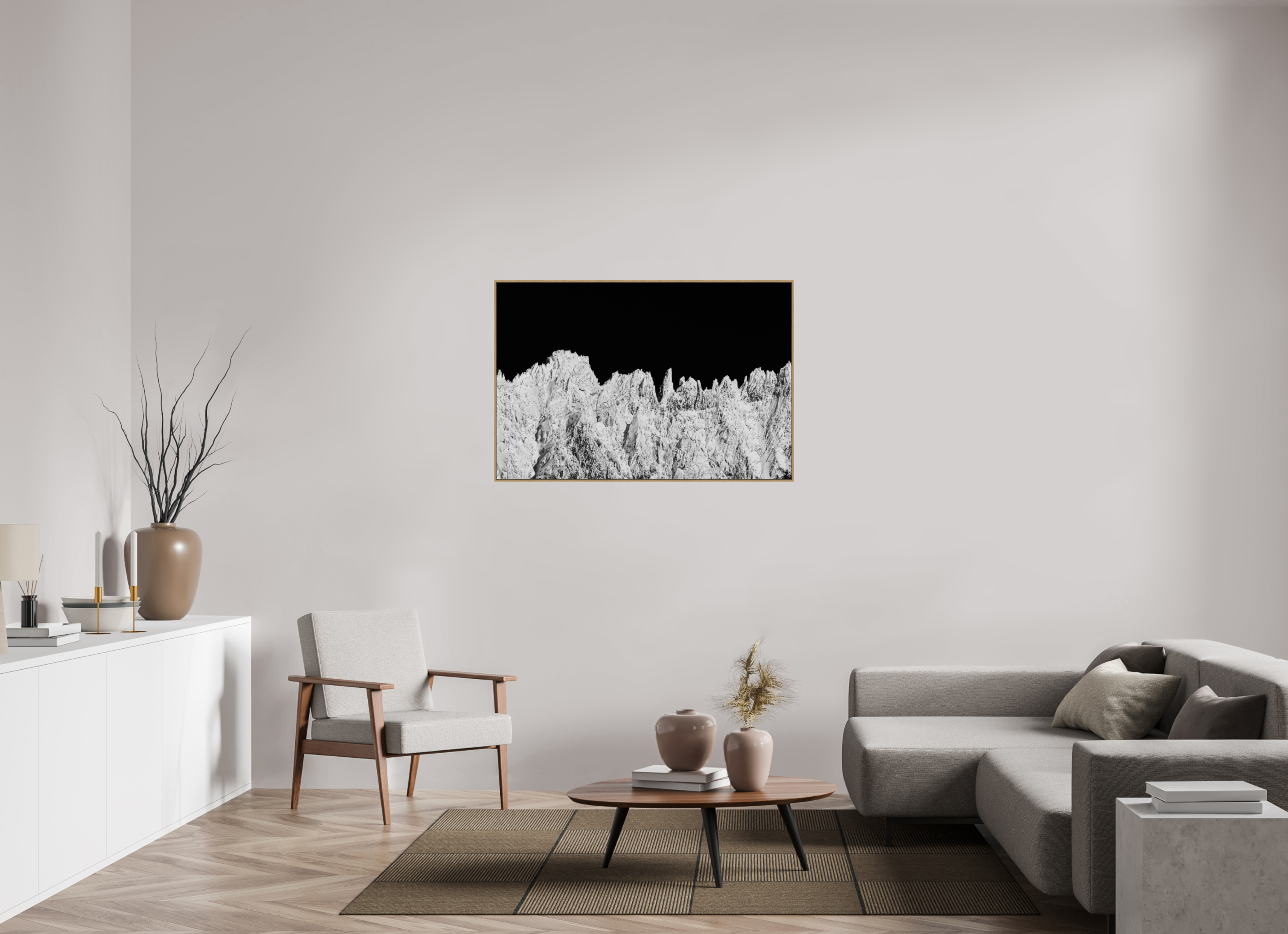 120 x 80 cm, Tirage sous Plexiglas encadré Chaîne de piques – Aiguilles hivernales en noir et blanc