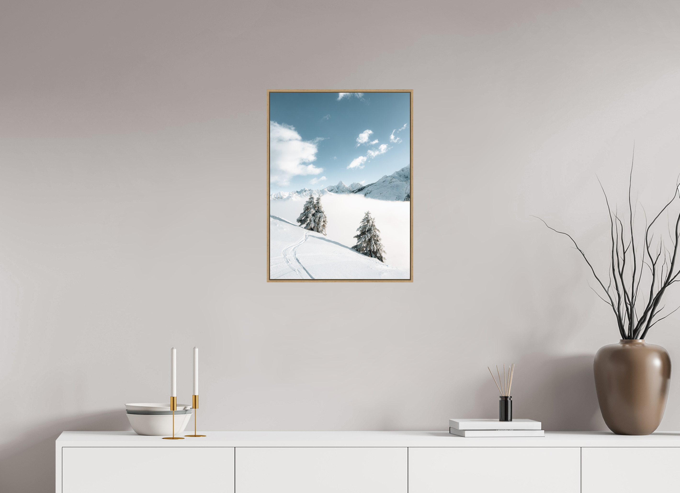 45 x 60 cm, Tirage sous Plexiglas encadré Traces dans la poudre – Hiver en montagne