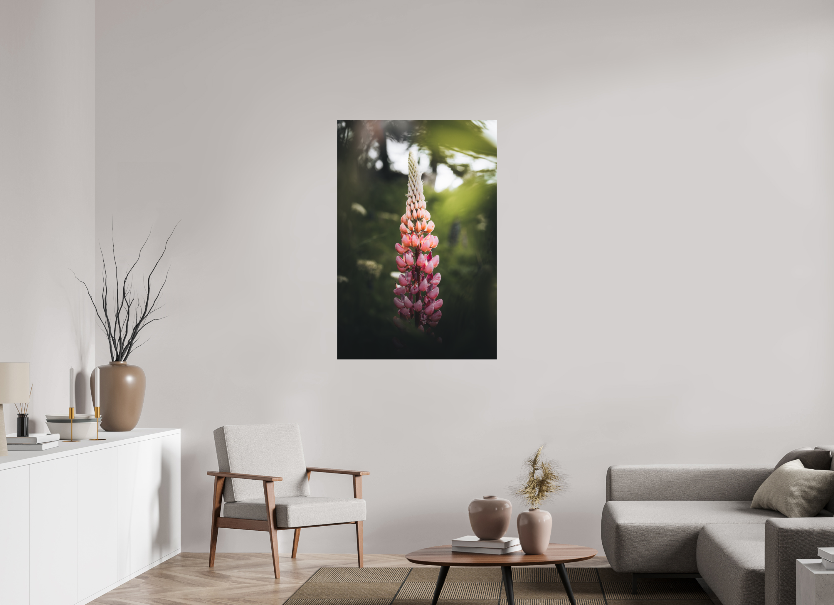 80 x 120 cm, Tirage Fine Art (Papier Mat) Lupin rose au soleil du matin