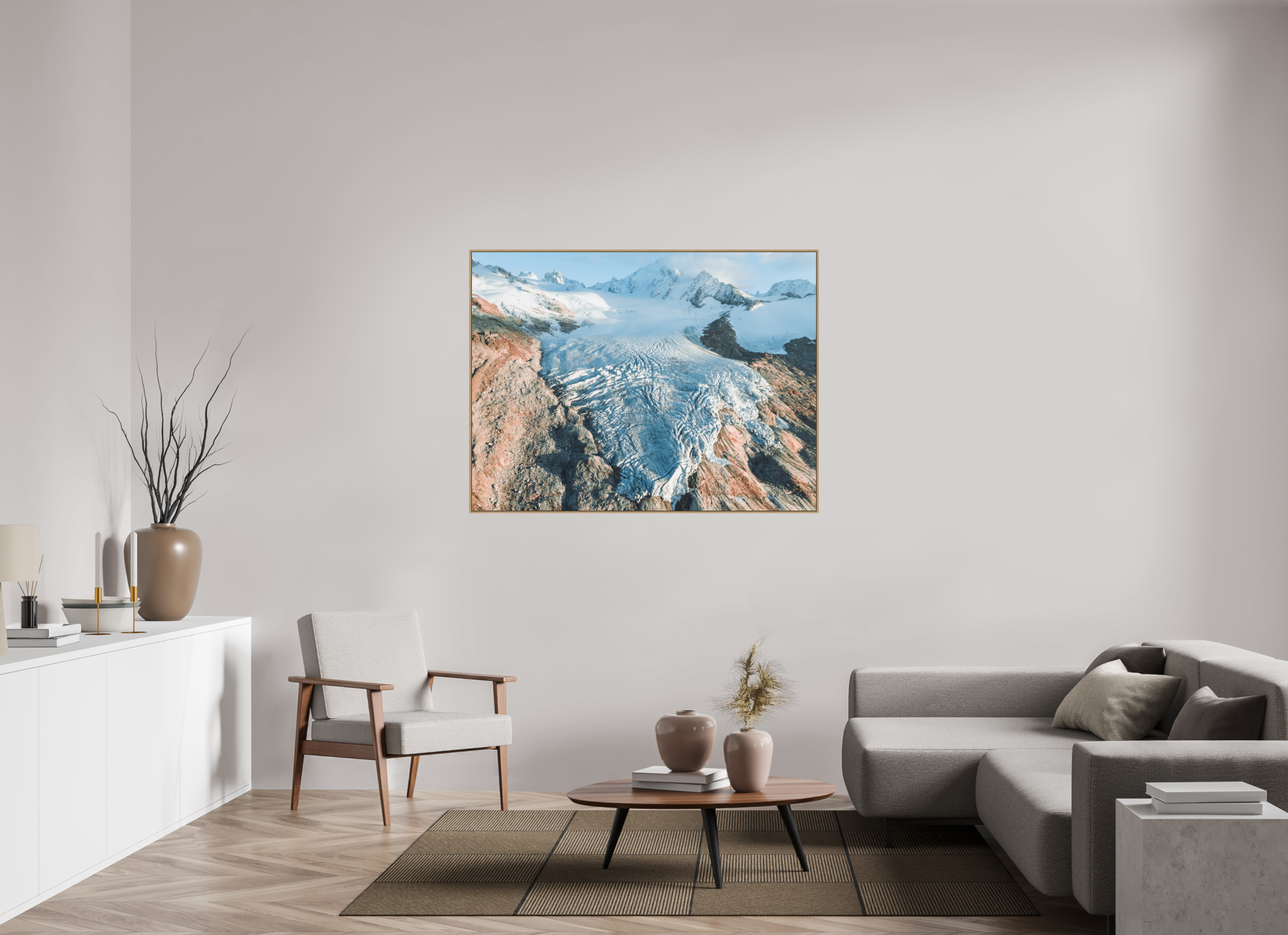 140 x 105 cm, Tirage sous Plexiglas encadré Glacier du Tour – Aube Dorée depuis le Ciel