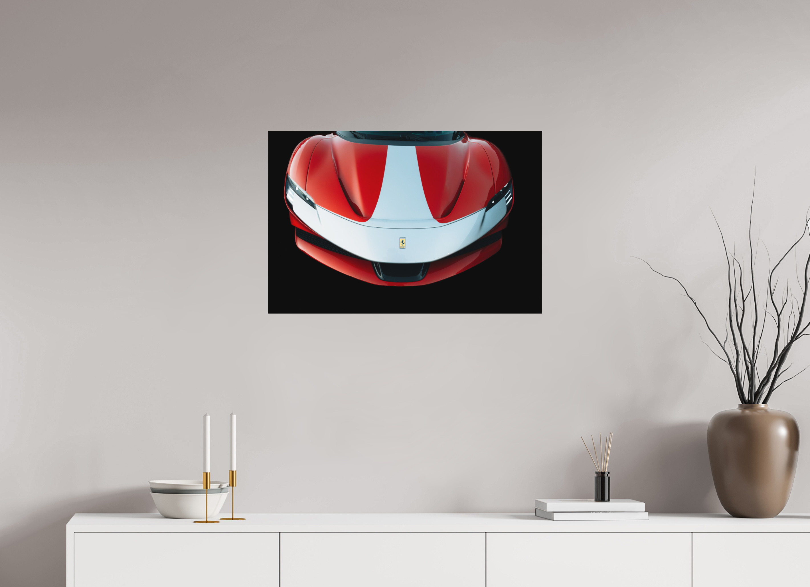 75 x 50 cm, Tirage Fine Art (Papier Mat) Ferrari SF90 Rouge et Blanche – Focus Avant
