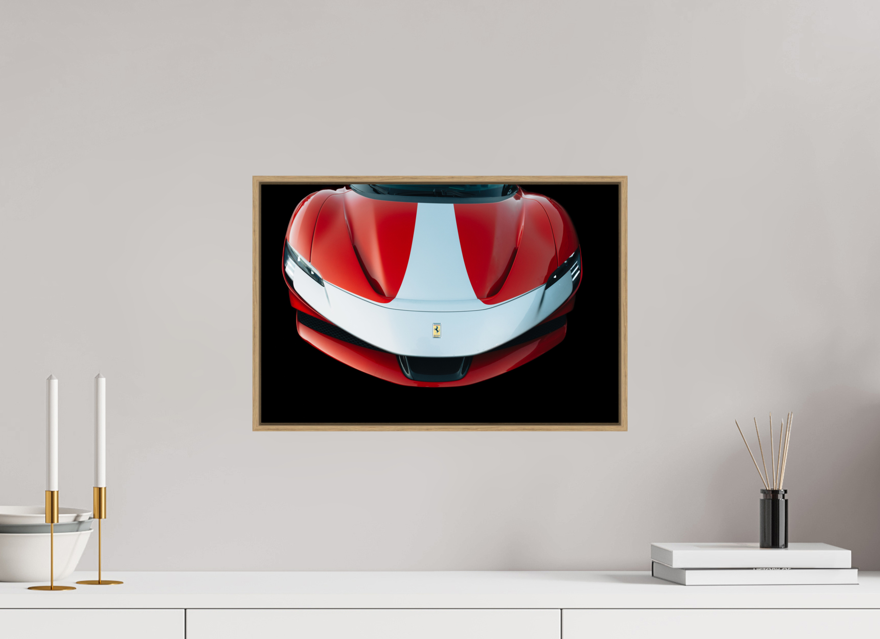 45 x 30 cm, Tirage sous Plexiglas encadré Ferrari SF90 Rouge et Blanche – Focus Avant