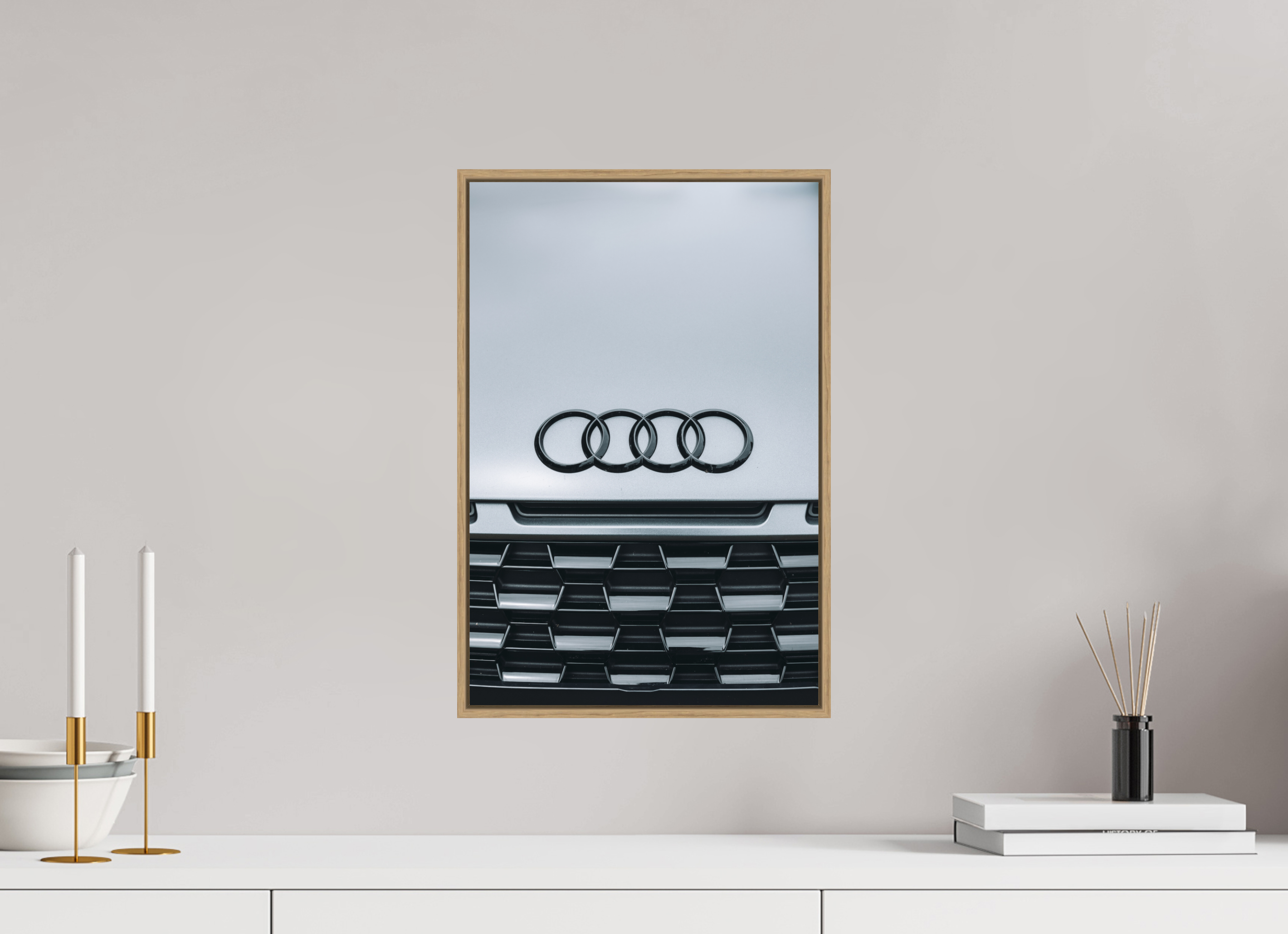 30 x 45 cm, Tirage sous Plexiglas encadré Audi – Emblème en noir