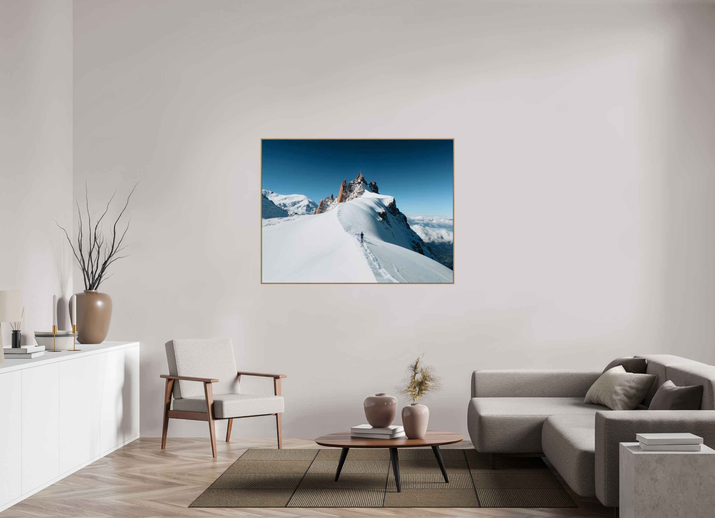 140 x 105 cm, Tirage sous Plexiglas encadré Équilibre au sommet – Aiguille du Midi