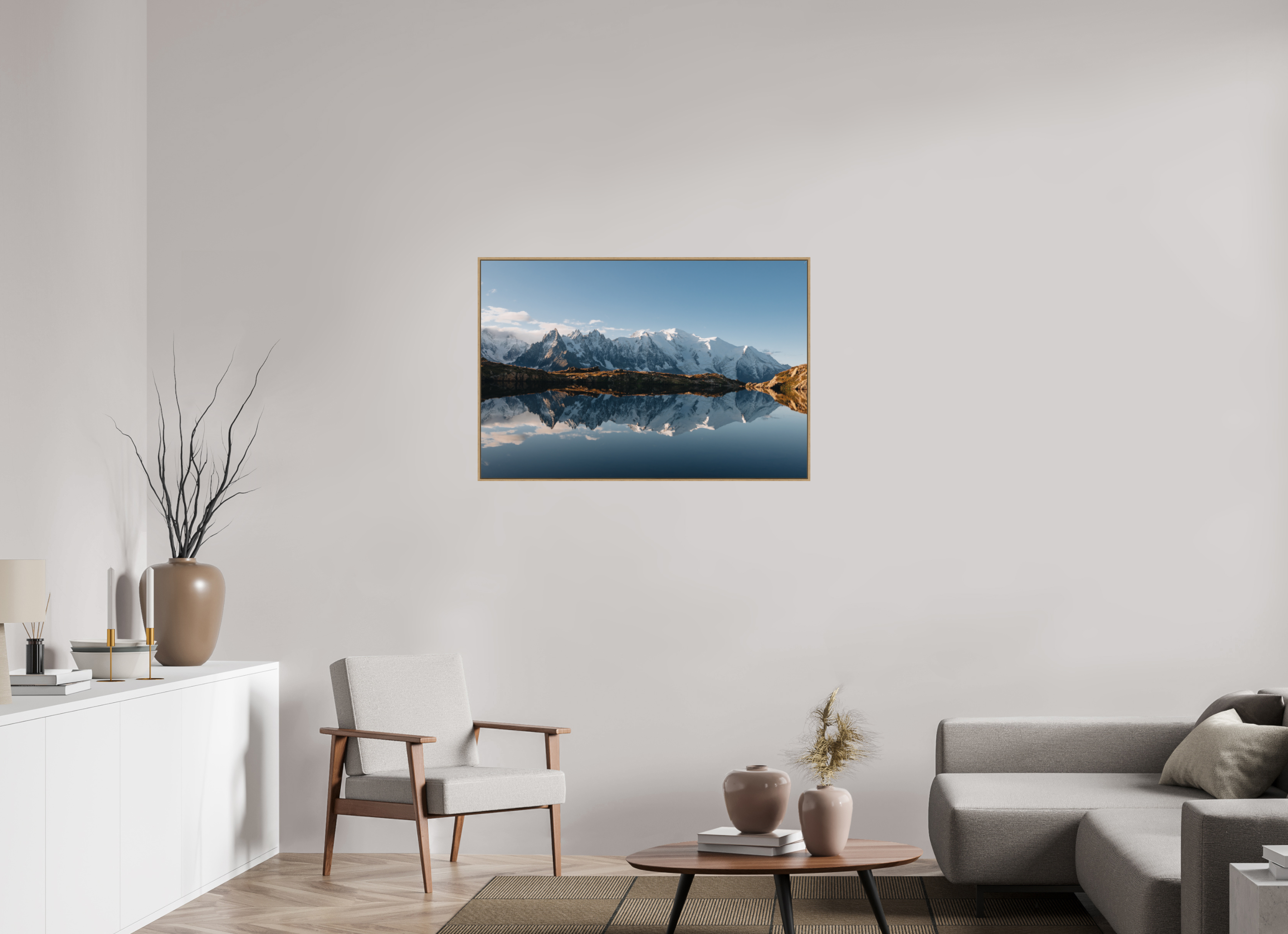 105 x 70 cm, Tirage sous Plexiglas encadré Reflets du Mont-Blanc sur le lac des Cheserys