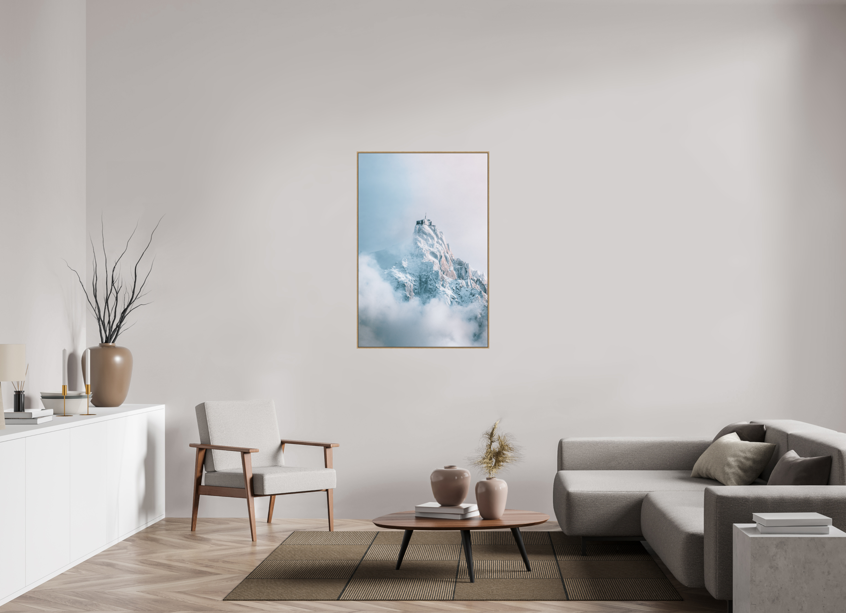 80 x 120 cm, Tirage sous Plexiglas encadré Aiguille du Midi au réveil hivernal