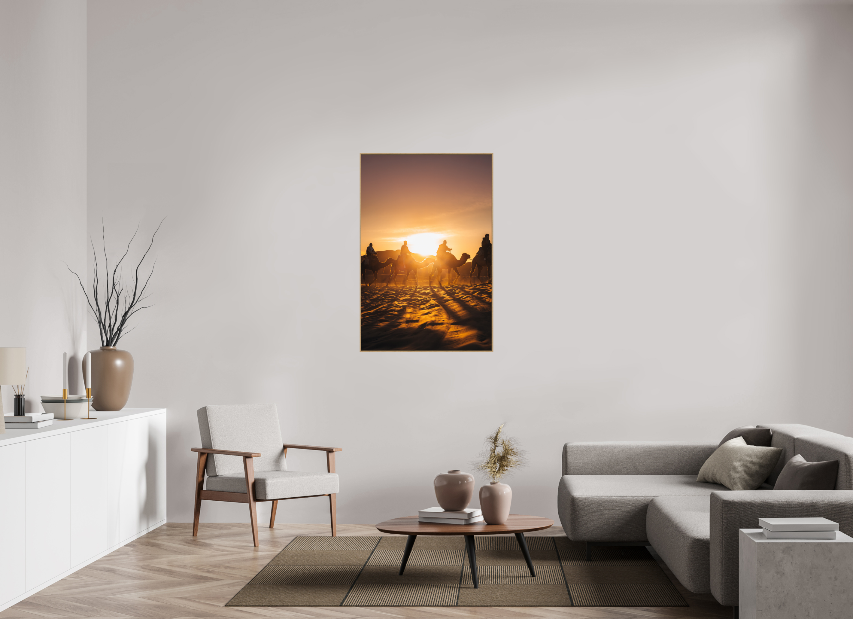80 x 120 cm, Tirage sous Plexiglas encadré Silhouettes dans le soleil levant – Sahara