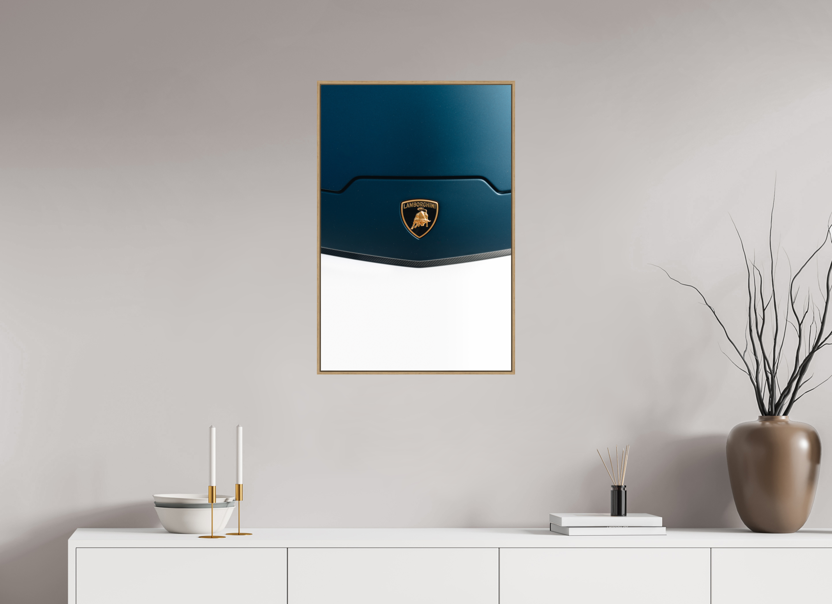 50 x 75 cm, Tirage sous Plexiglas encadré Lamborghini Temerario – Élégance et puissance en bleu