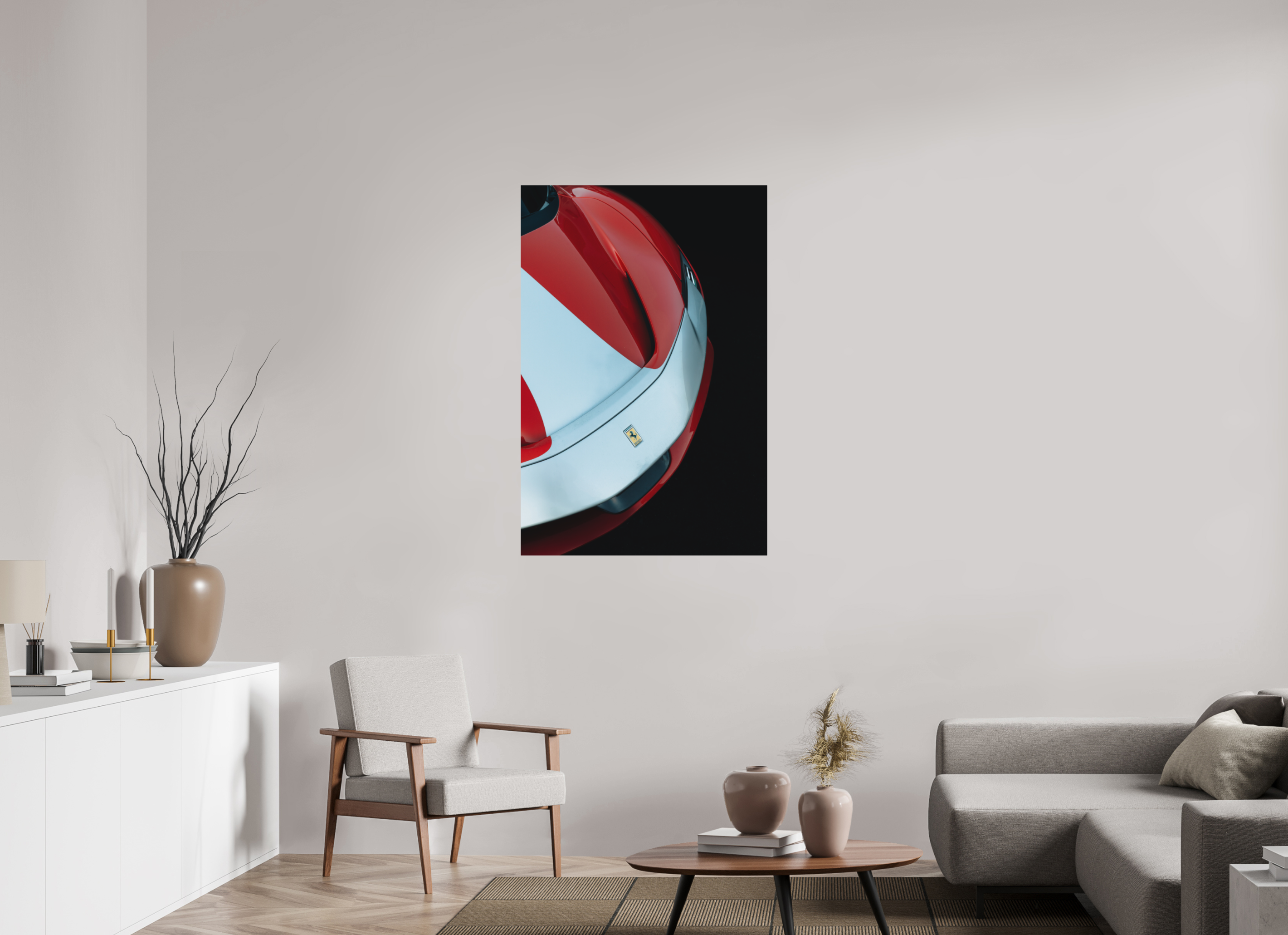 80 x 120 cm, Tirage Fine Art (Papier Mat) Ferrari SF90 Rouge et Blanche – Vue Avant Gauche