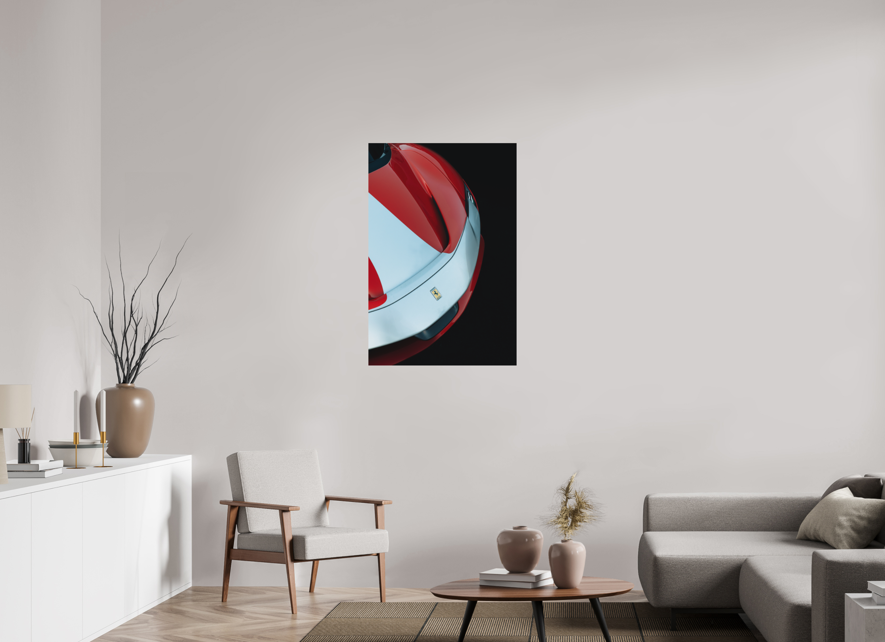 70 x 105 cm, Tirage Fine Art (Papier Mat) Ferrari SF90 Rouge et Blanche – Vue Avant Gauche