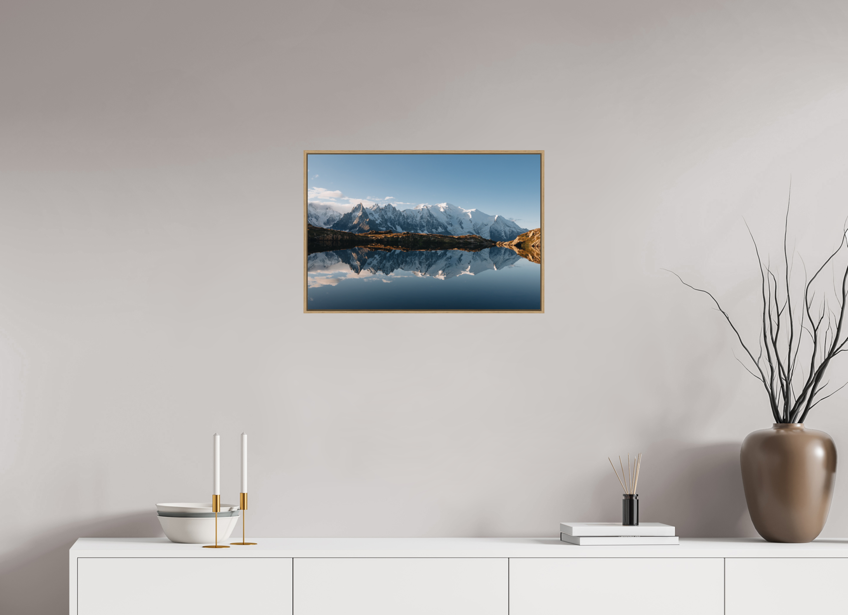 60 x 40 cm, Tirage sous Plexiglas encadré Reflets du Mont-Blanc sur le lac des Cheserys
