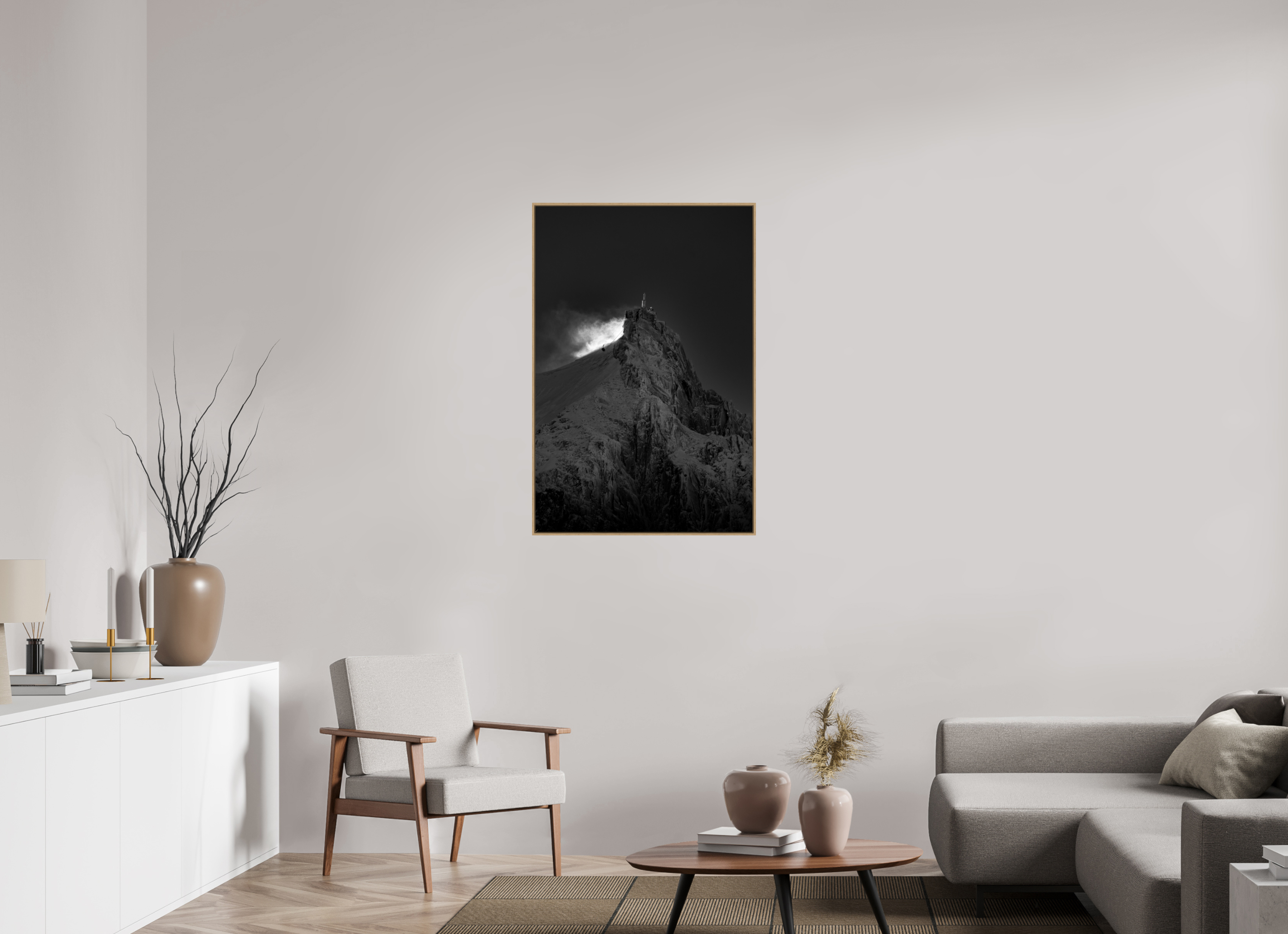 70 x 105 cm, Tirage sous Plexiglas encadré Aiguille du Midi – Neige tourbillonnante au soleil