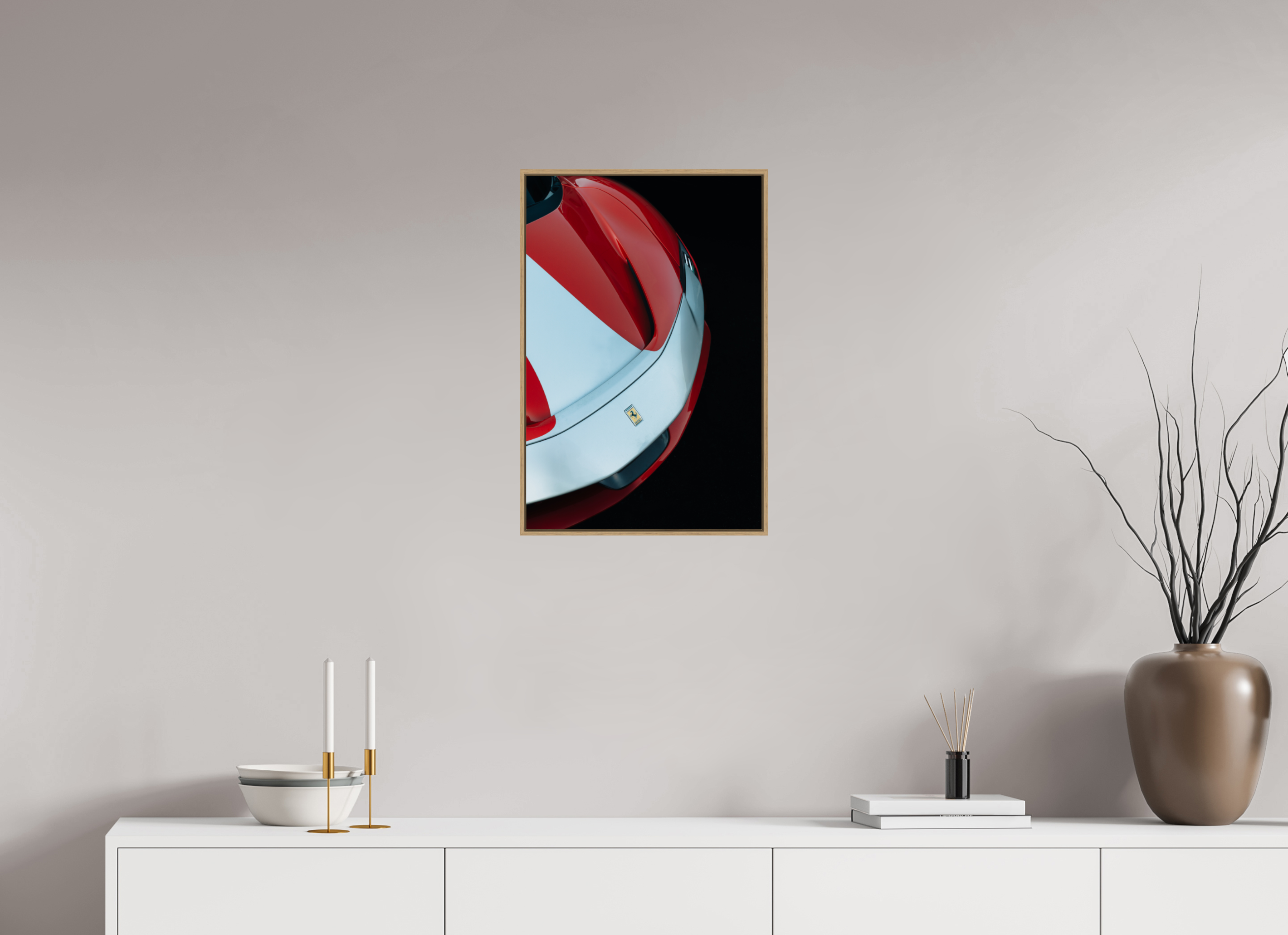 40 x 60 cm, Tirage sous Plexiglas encadré Ferrari SF90 Rouge et Blanche – Vue Avant Gauche