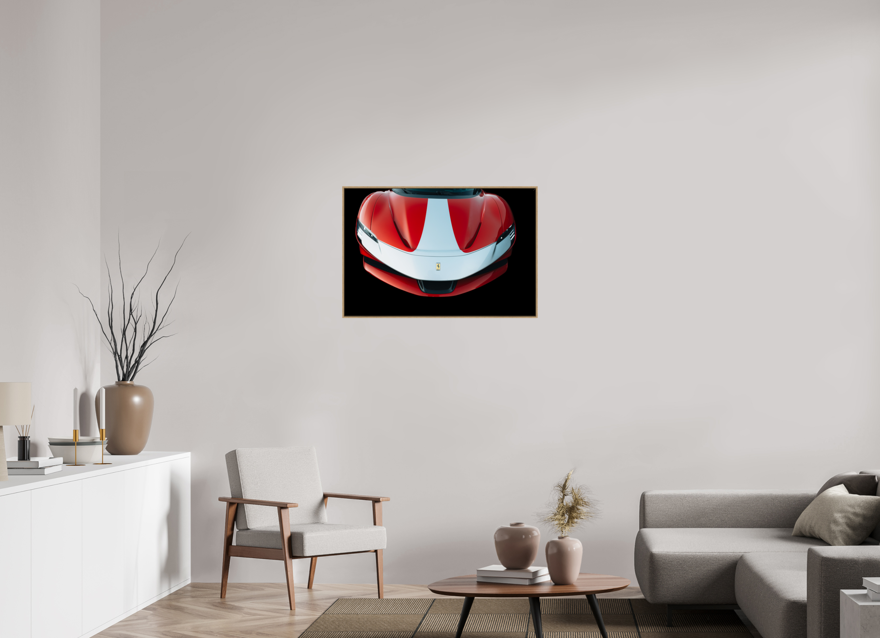 90 x 60 cm, Tirage sous Plexiglas encadré Ferrari SF90 Rouge et Blanche – Focus Avant
