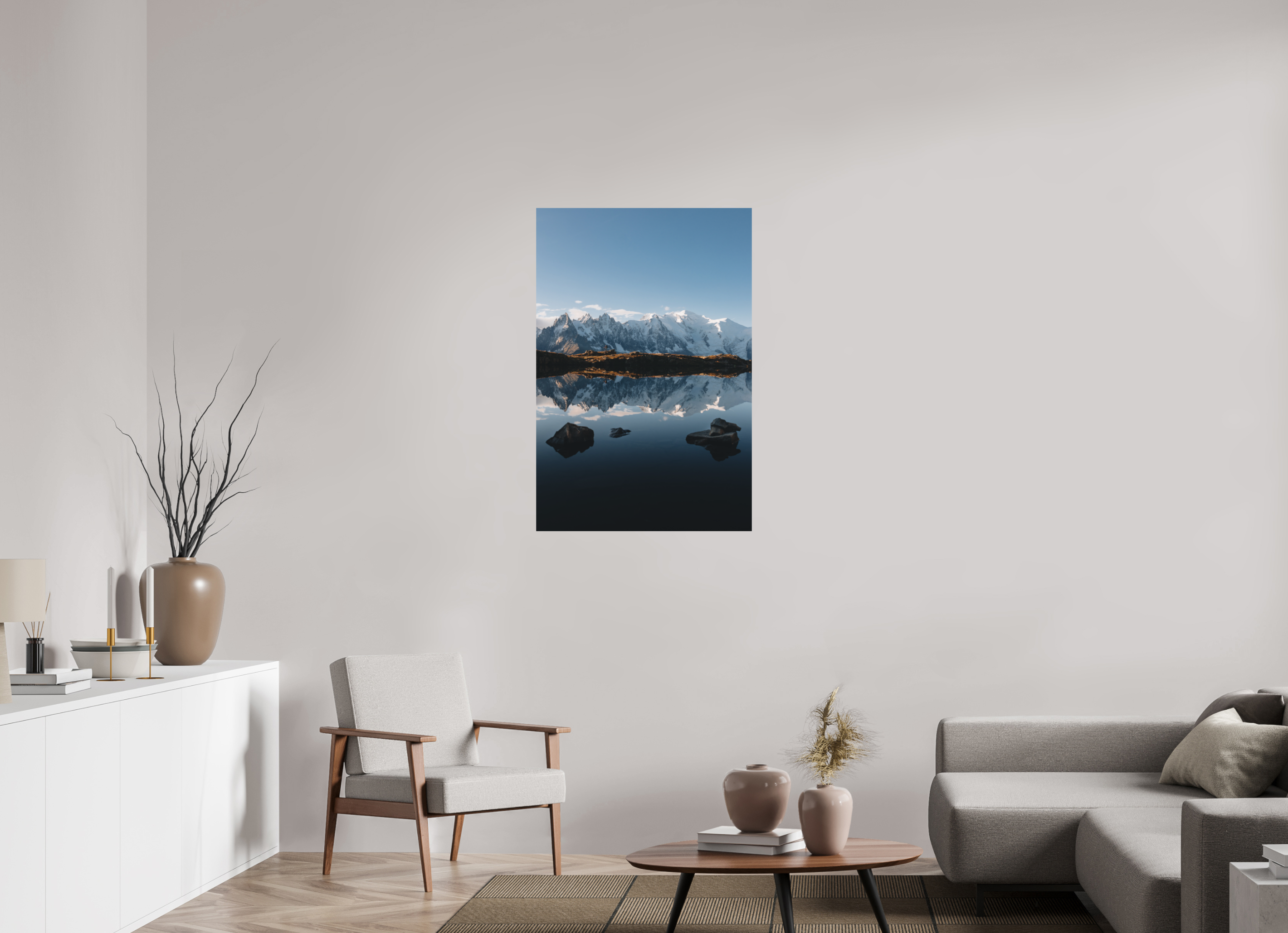 70 x 105 cm, Tirage Fine Art Premium + Mont-Blanc en miroir sur le lac des Cheserys