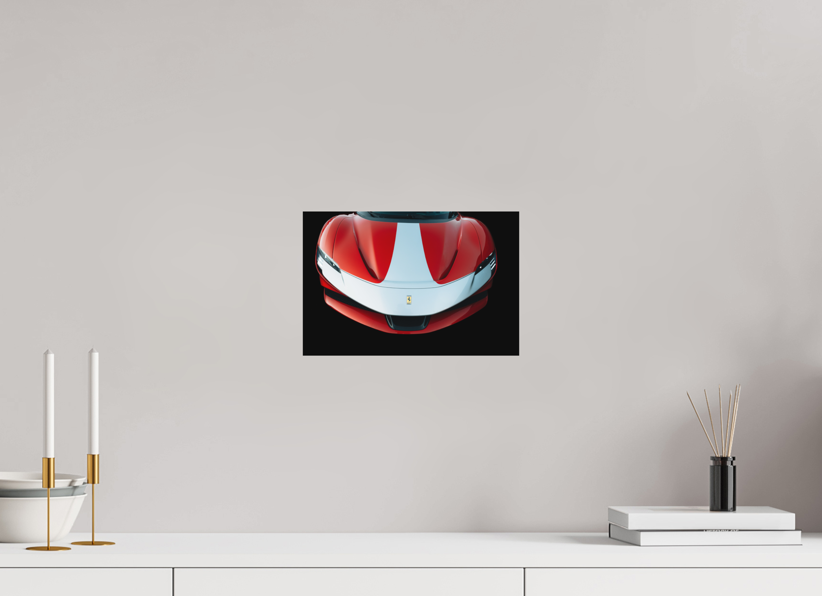30 x 20 cm, Tirage Fine Art (Papier Mat) Ferrari SF90 Rouge et Blanche – Focus Avant