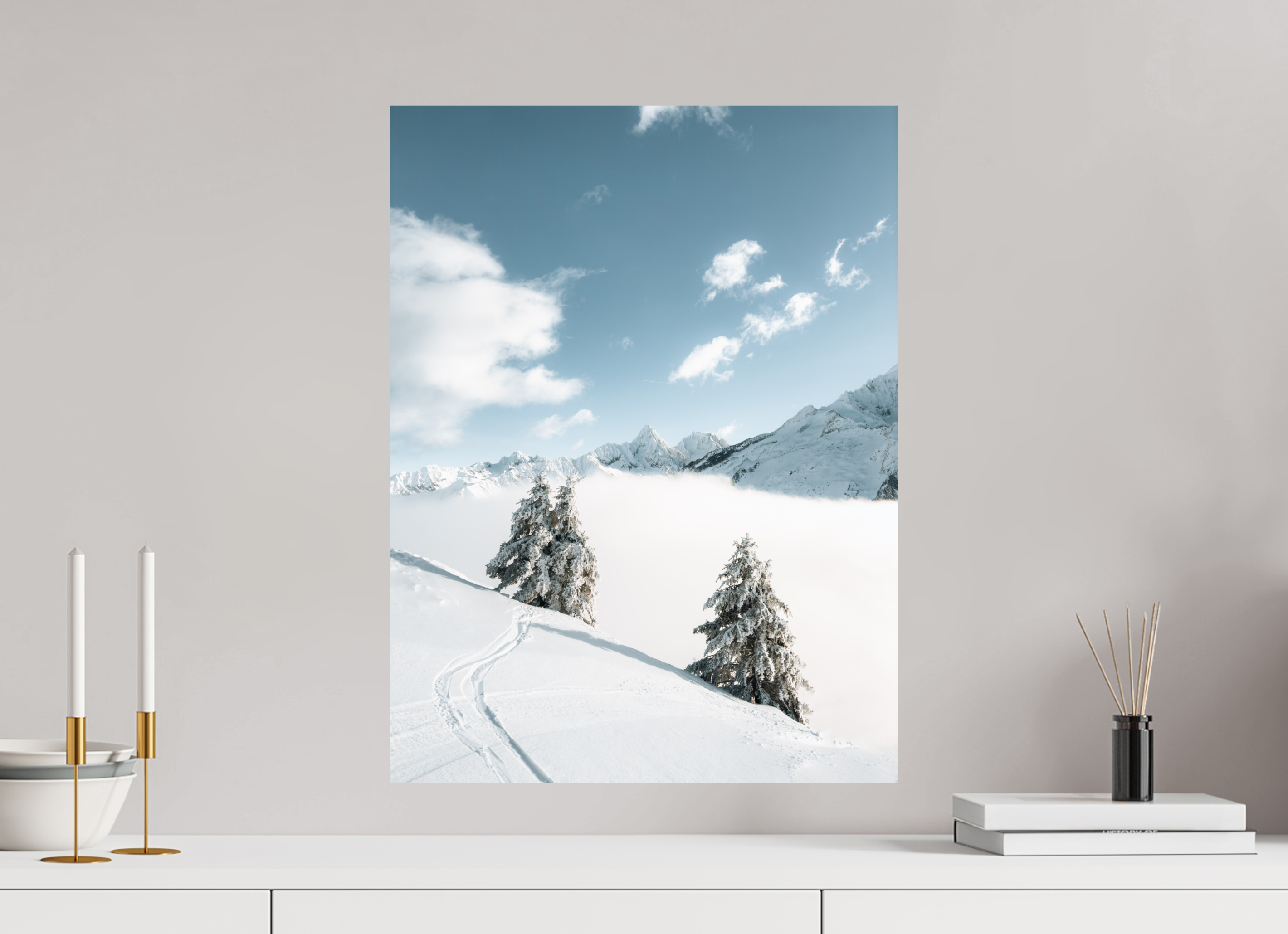 45 x 60 cm, Tirage Fine Art Premium Traces dans la poudre – Hiver en montagne
