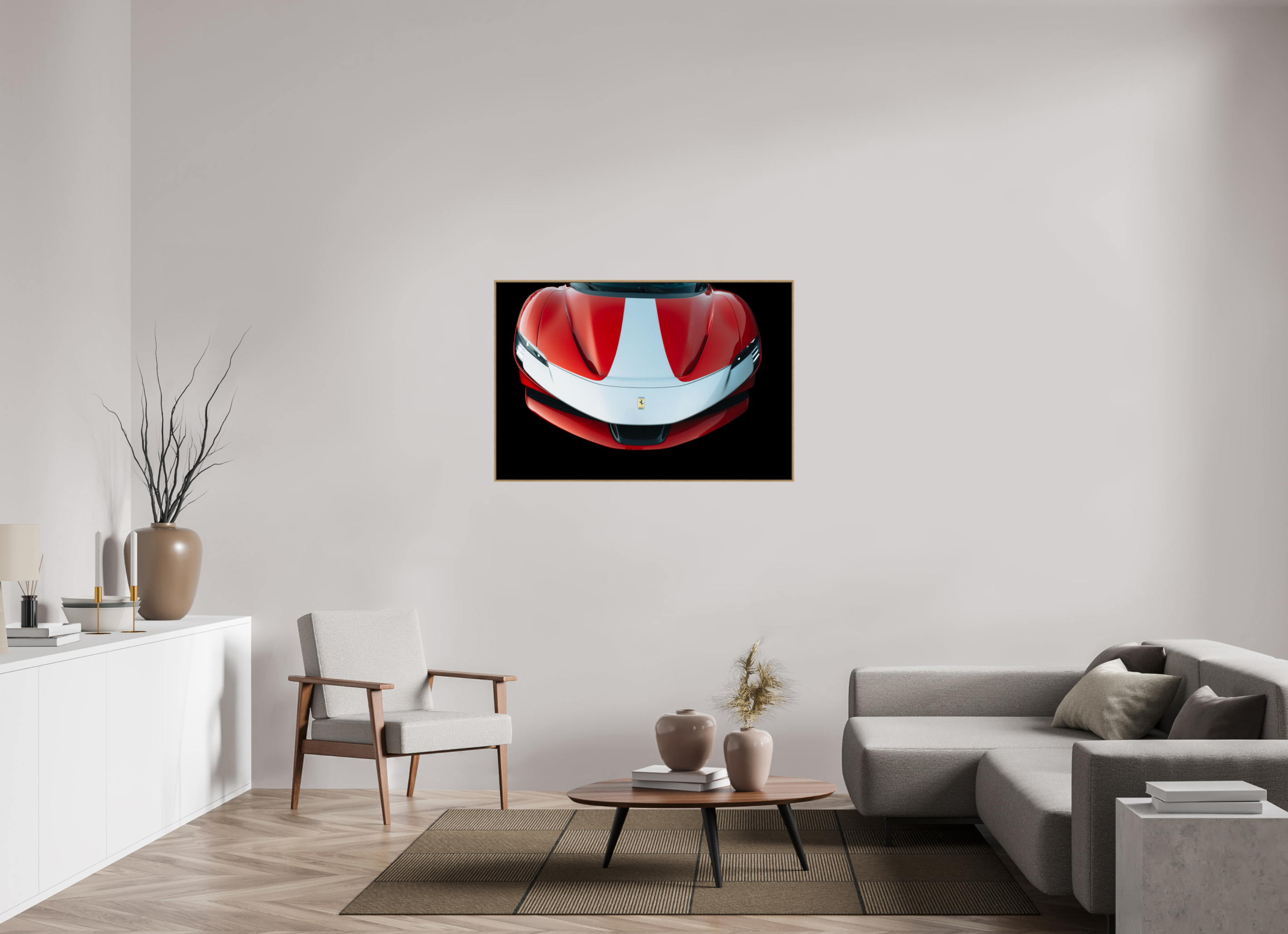 120 x 80 cm, Tirage sous Plexiglas encadré Ferrari SF90 Rouge et Blanche – Focus Avant