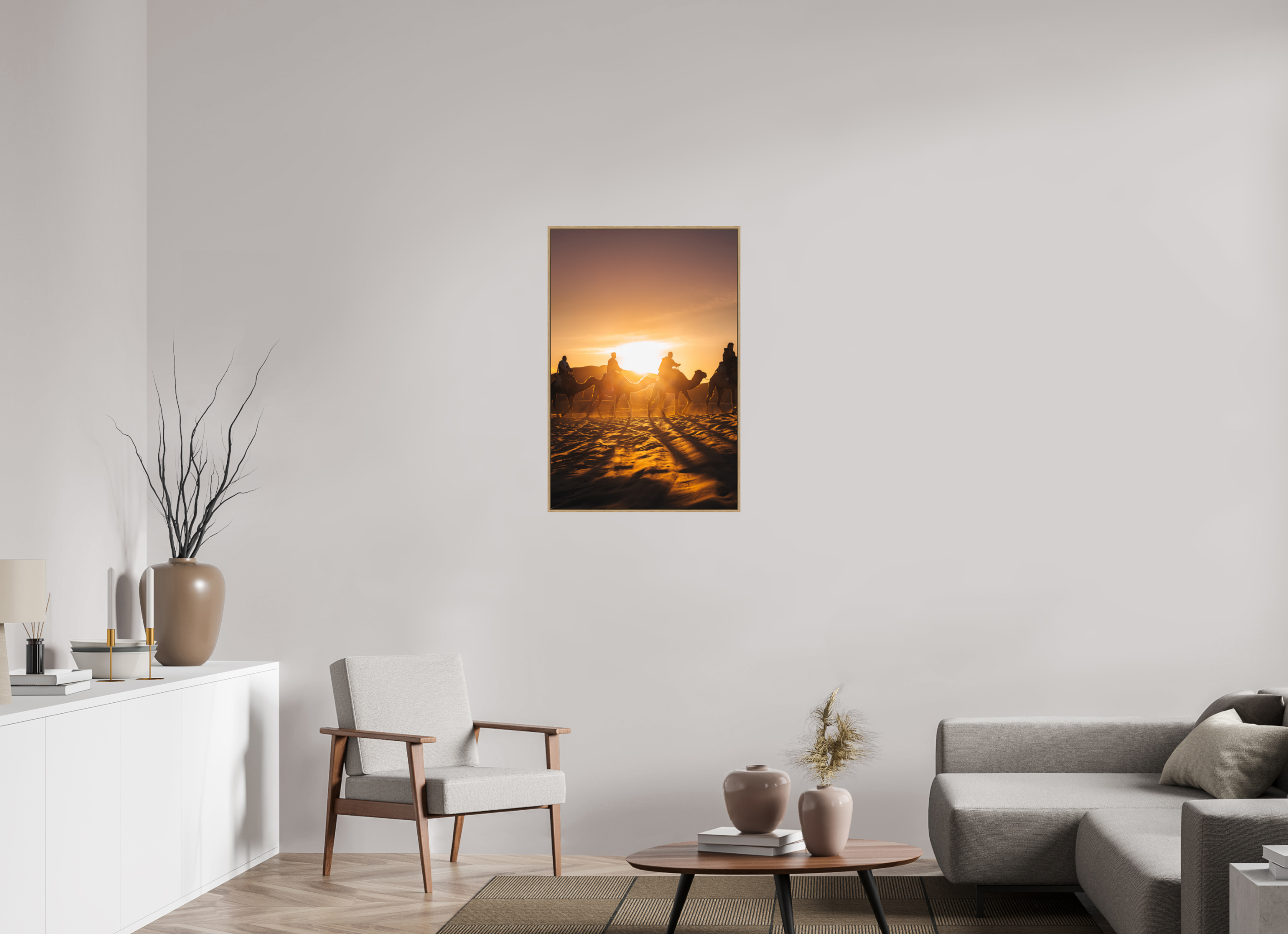 60 x 90 cm, Tirage sous Plexiglas encadré Silhouettes dans le soleil levant – Sahara