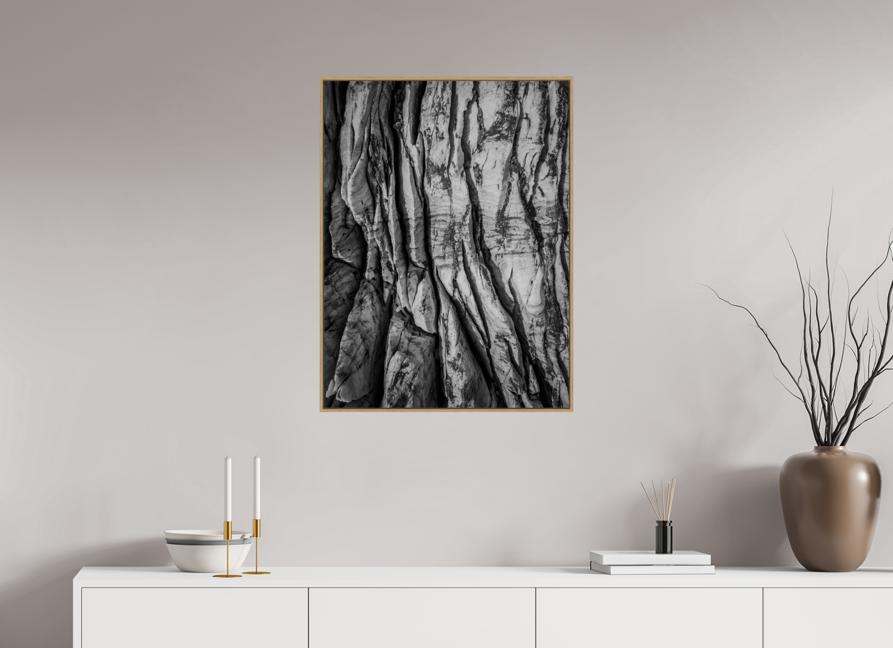 60 x 80 cm, Tirage sous Plexiglas encadré Veines de Glace – Glacier du Tour en noir et blanc