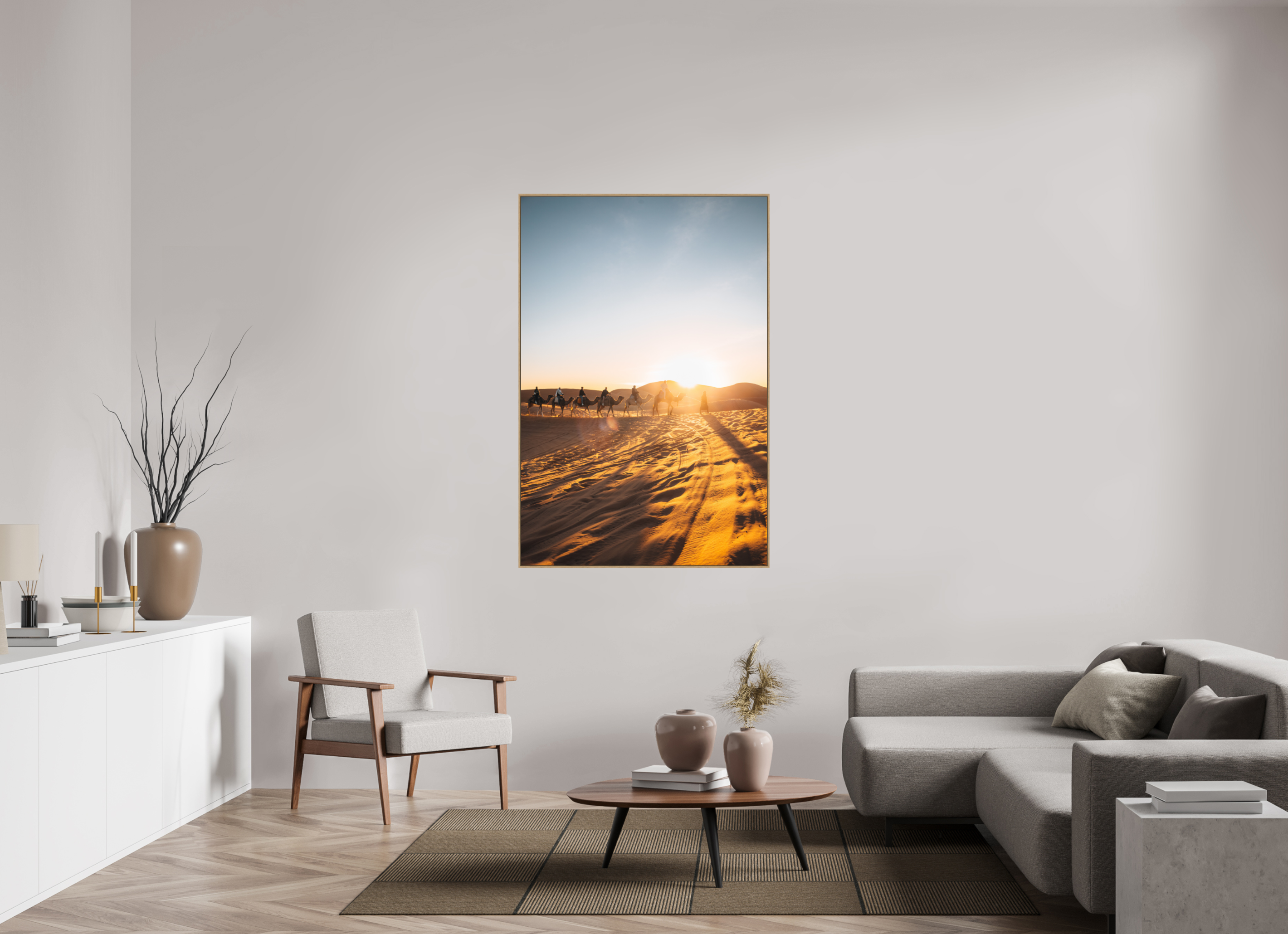 100 x 150 cm, Tirage sous Plexiglas encadré Caravane au lever du soleil – Sahara