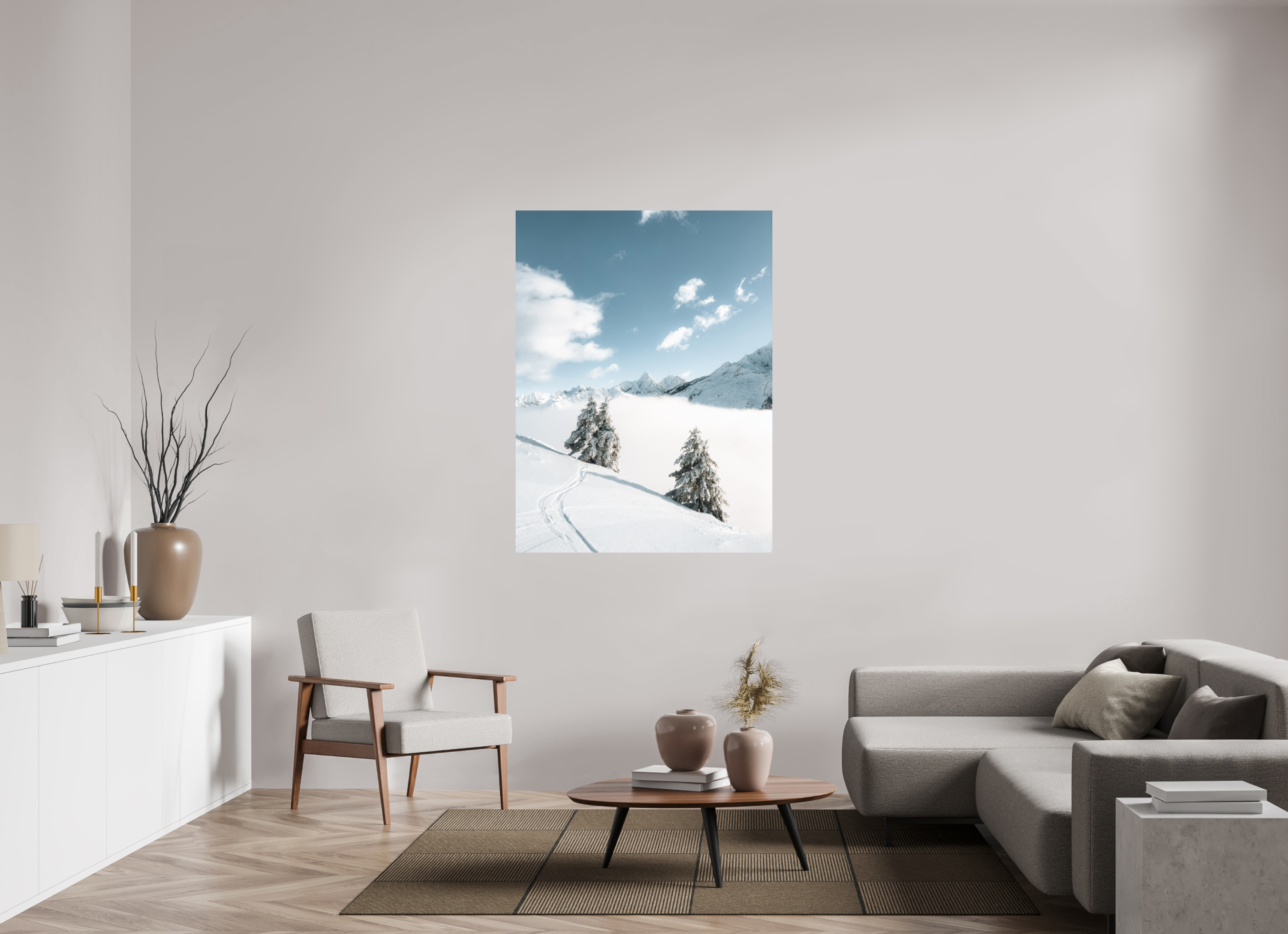 105 x 140 cm, Tirage Fine Art Premium + Traces dans la poudre – Hiver en montagne