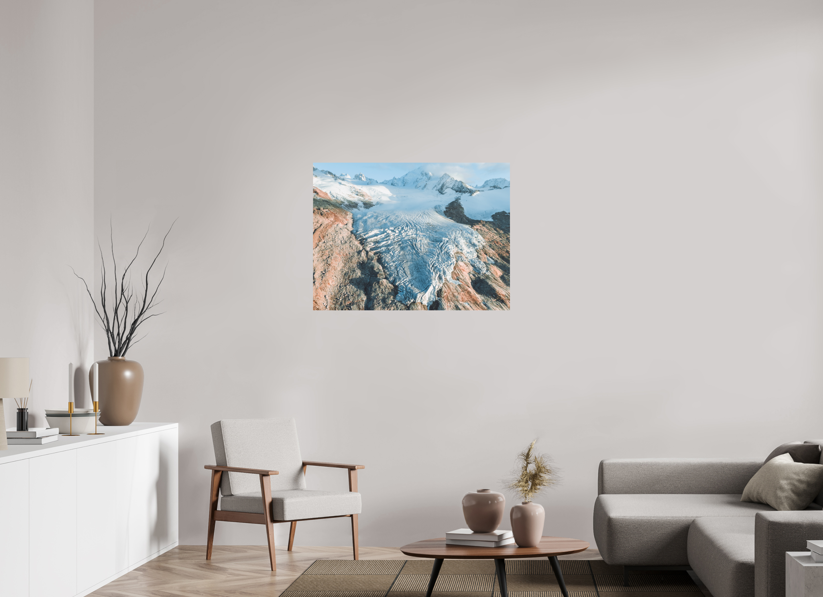 100 x 75 cm, Tirage Fine Art (Papier Mat) Glacier du Tour – Aube Dorée depuis le Ciel