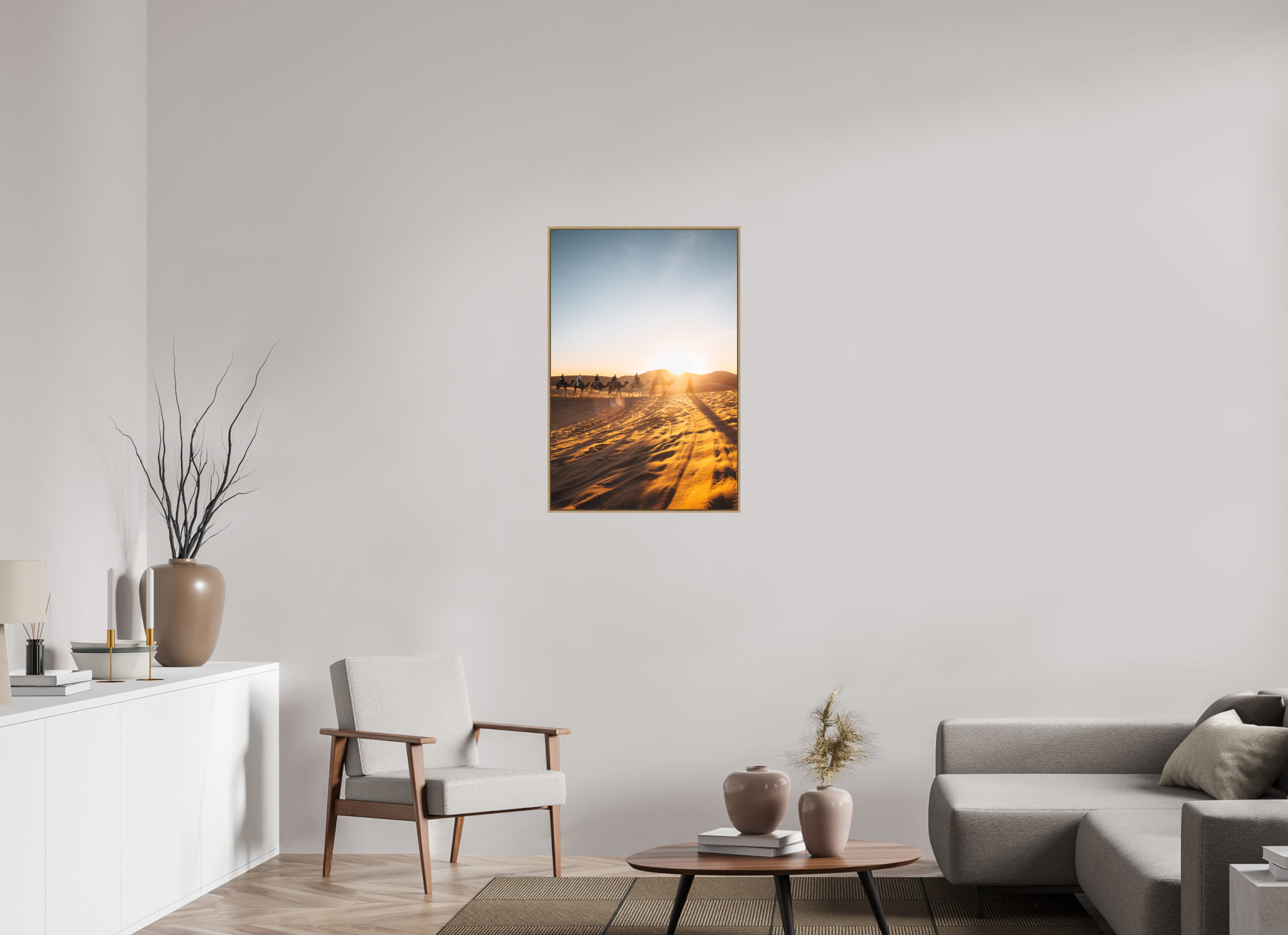 60 x 90 cm, Tirage sous Plexiglas encadré Caravane au lever du soleil – Sahara