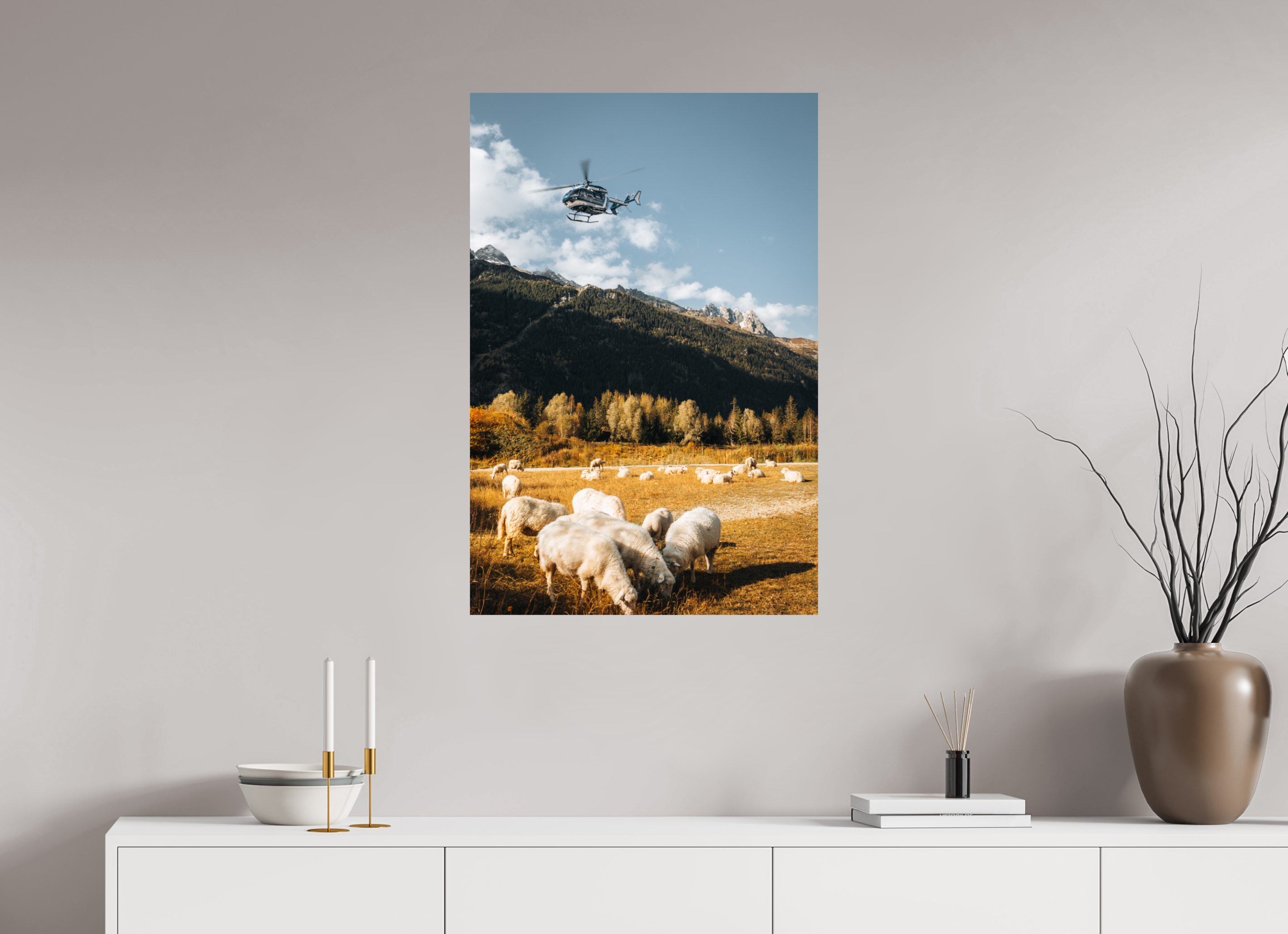 60 x 90 cm, Tirage Fine Art Premium Moutons au coucher de soleil et intervention aérienne