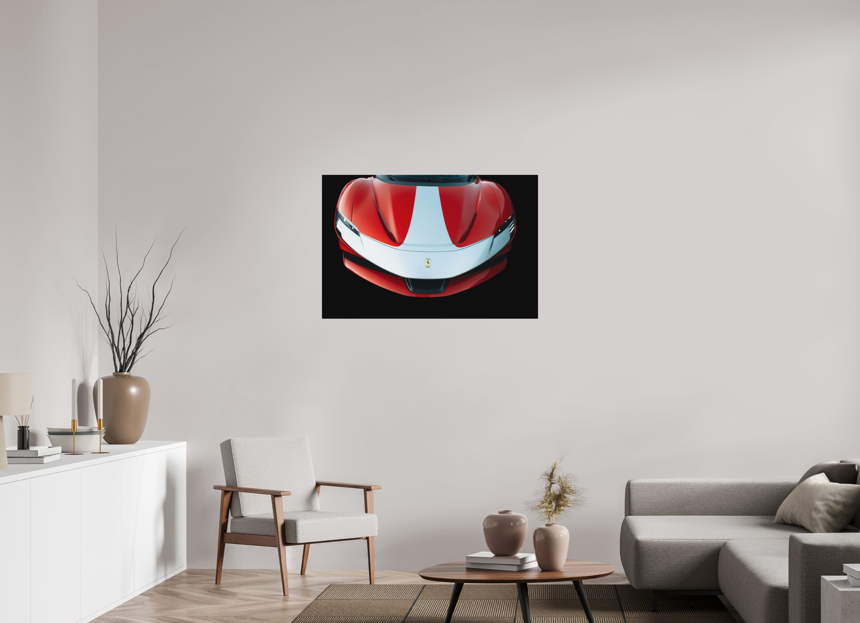 105 x 70 cm, Tirage Fine Art Premium + Ferrari SF90 Rouge et Blanche – Focus Avant