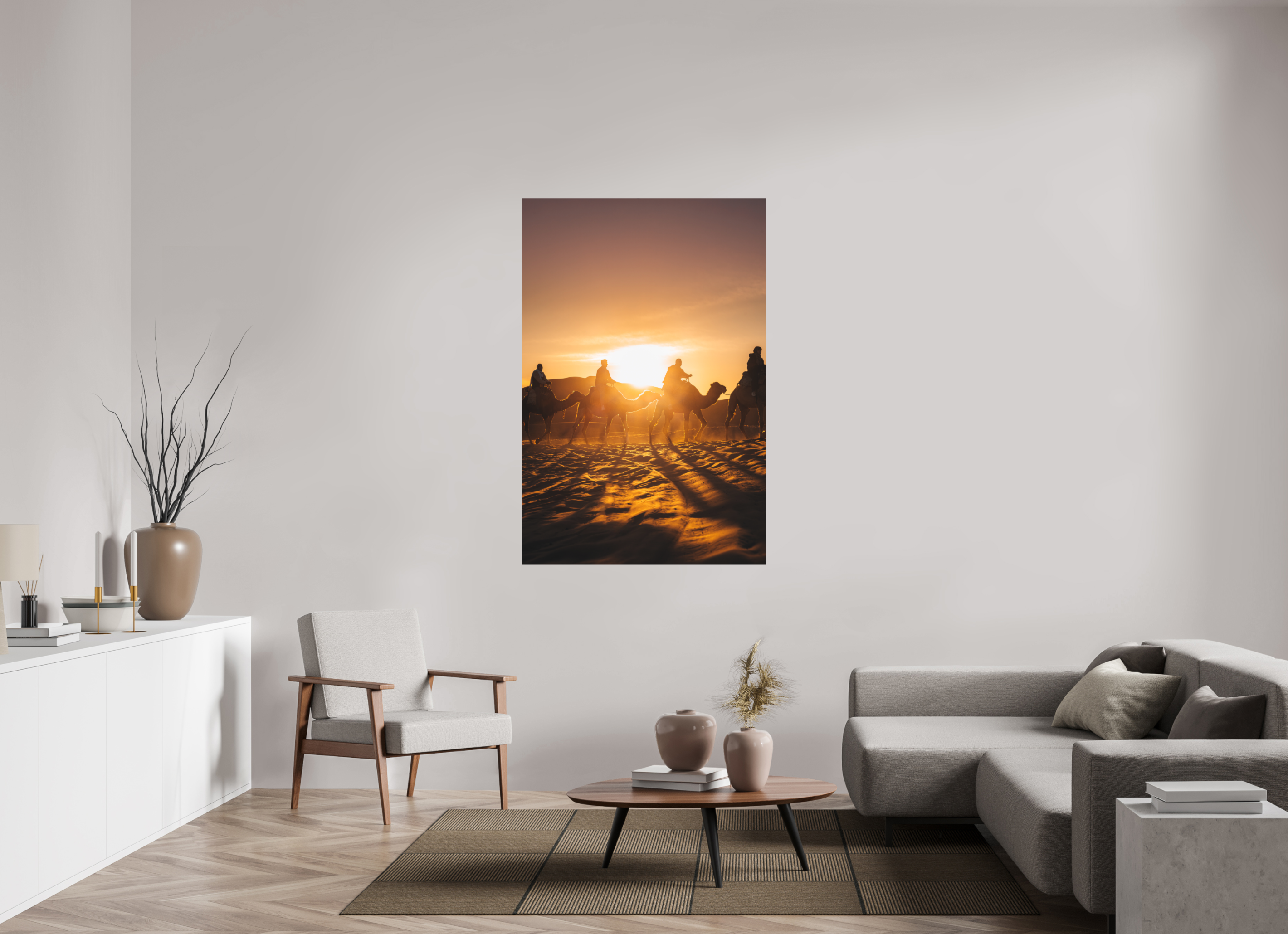 100 x 150 cm, Tirage Fine Art Premium + Silhouettes dans le soleil levant – Sahara