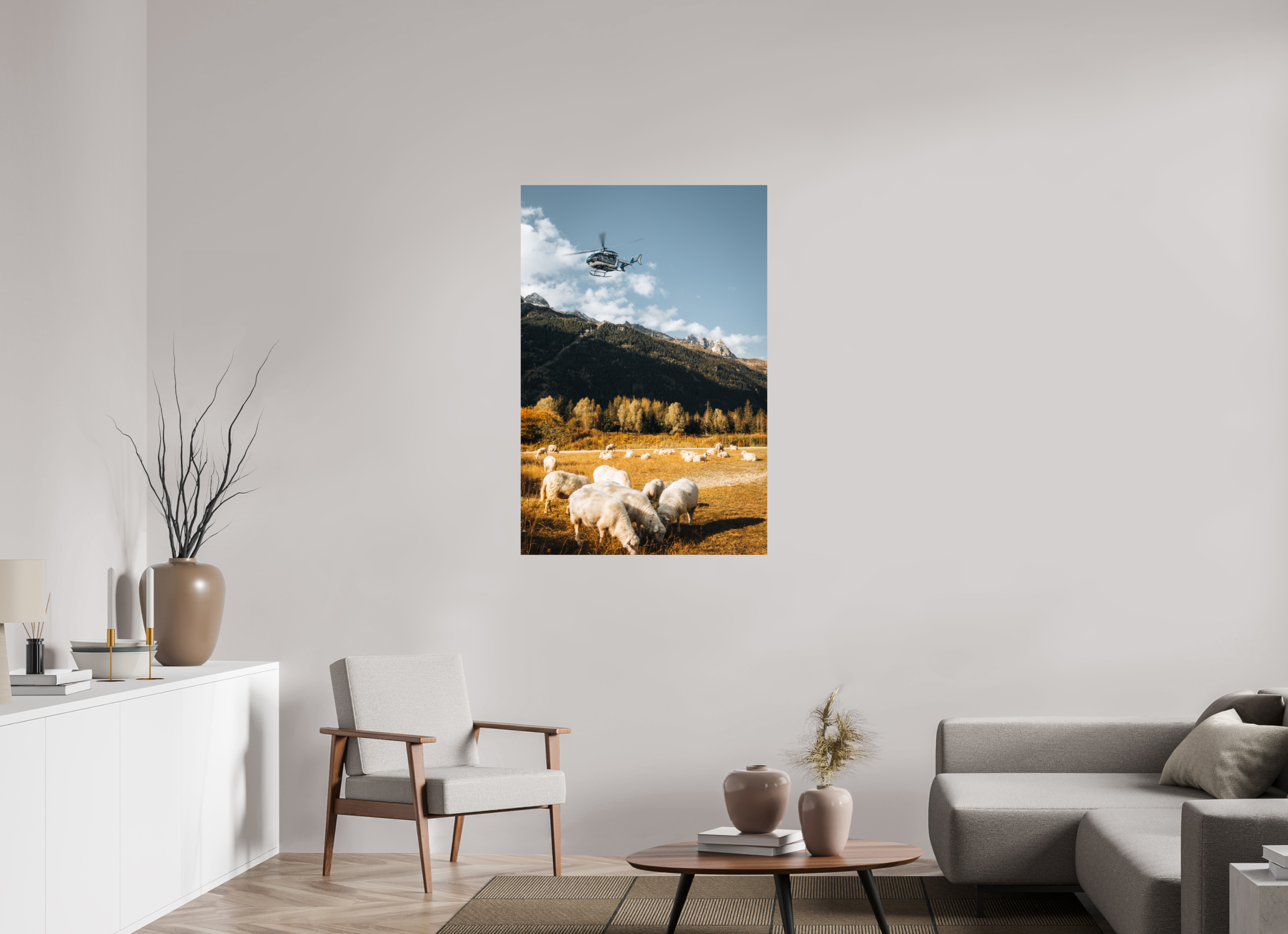 80 x 120 cm, Tirage Fine Art Premium Moutons au coucher de soleil et intervention aérienne