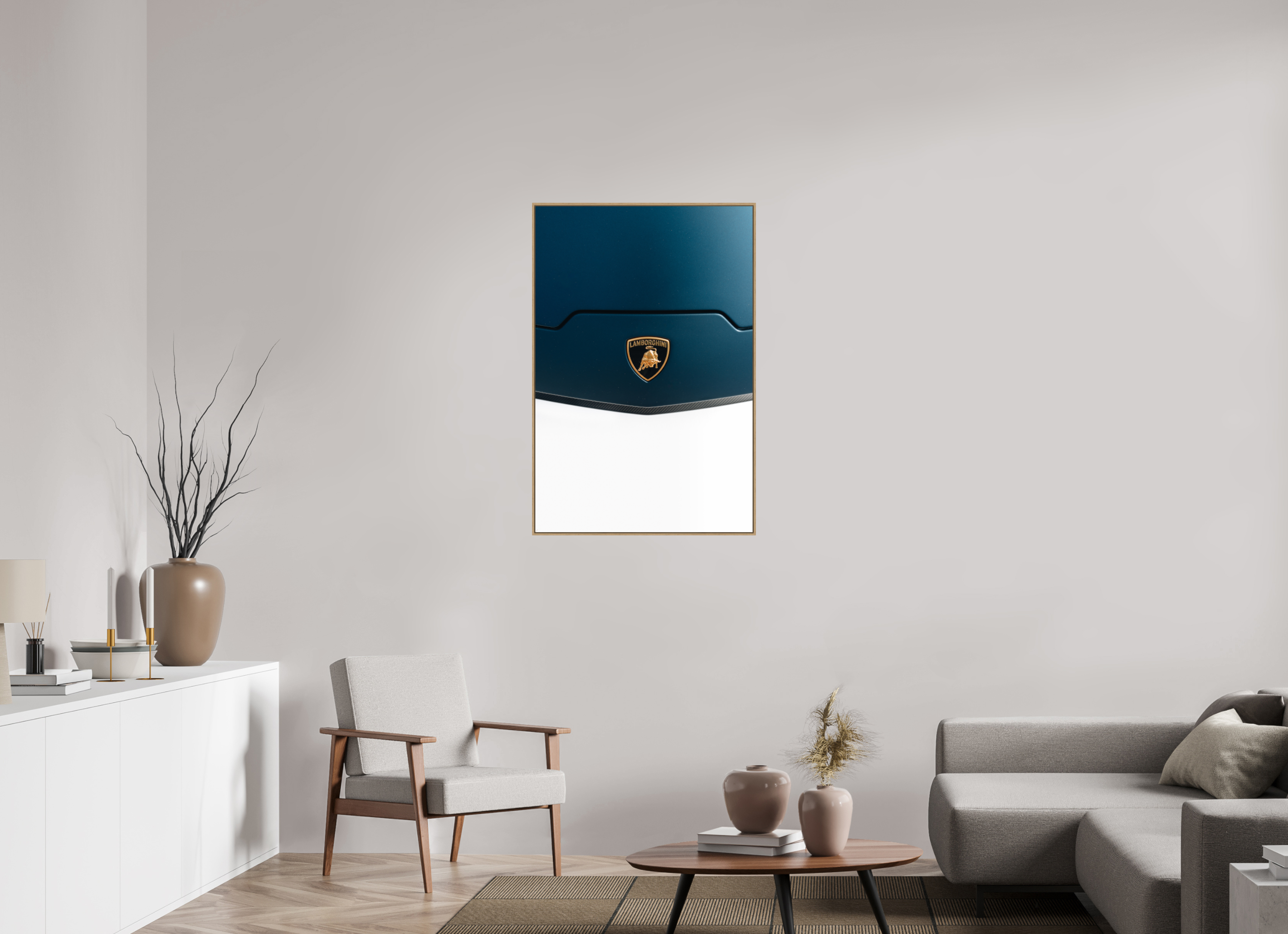 70 x 105 cm, Tirage sous Plexiglas encadré Lamborghini Temerario – Élégance et puissance en bleu