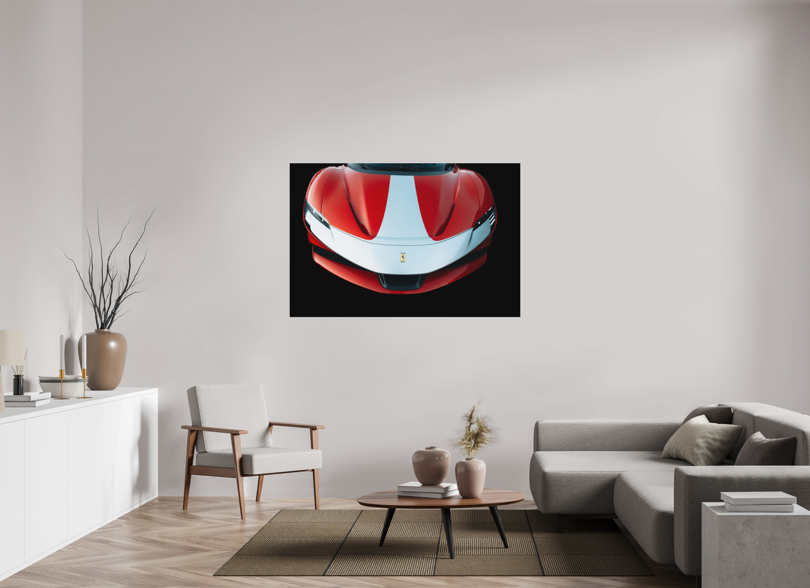150 x 100 cm, Tirage Fine Art (Papier Mat) Ferrari SF90 Rouge et Blanche – Focus Avant