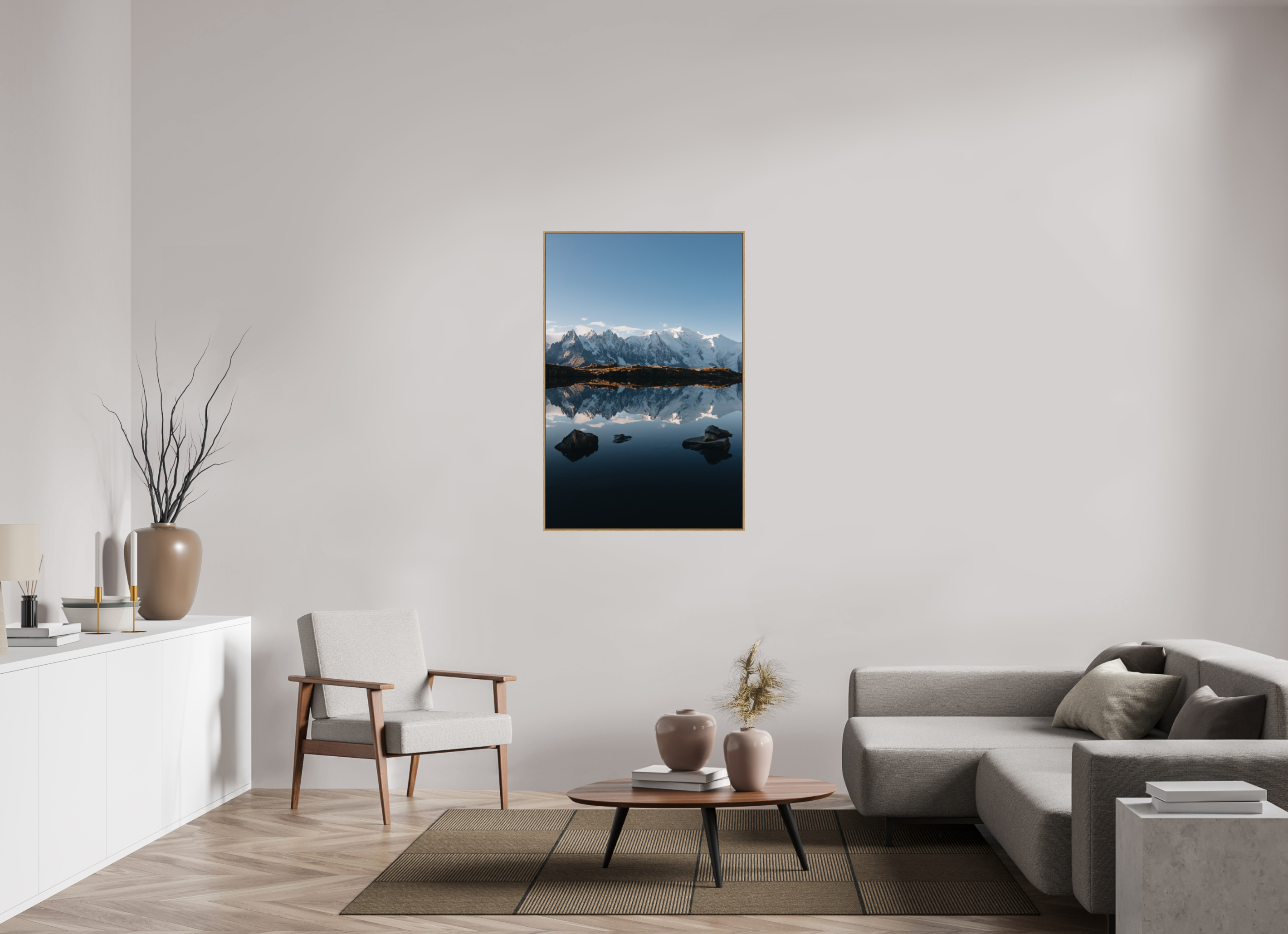 80 x 120 cm, Tirage sous Plexiglas encadré Mont-Blanc en miroir sur le lac des Cheserys