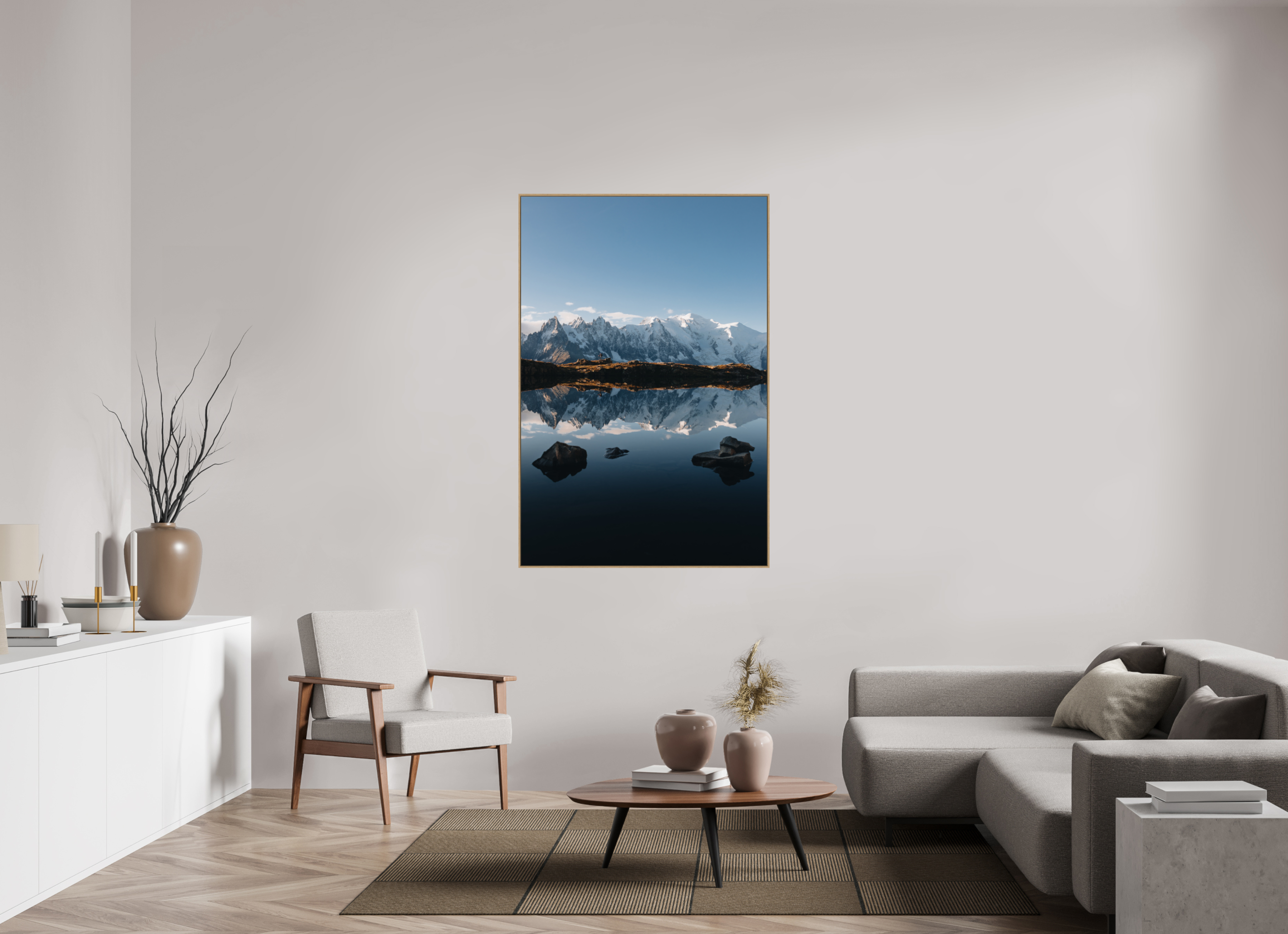 100 x 150 cm, Tirage sous Plexiglas encadré Mont-Blanc en miroir sur le lac des Cheserys