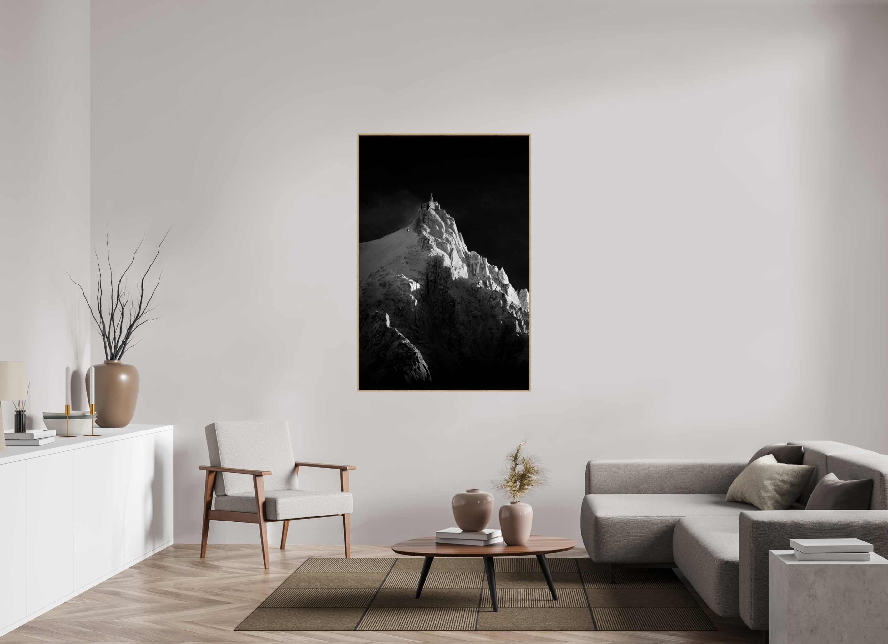 100 x 150 cm, Tirage sous Plexiglas encadré Aiguille du Midi Contrastée – Noir et Blanc