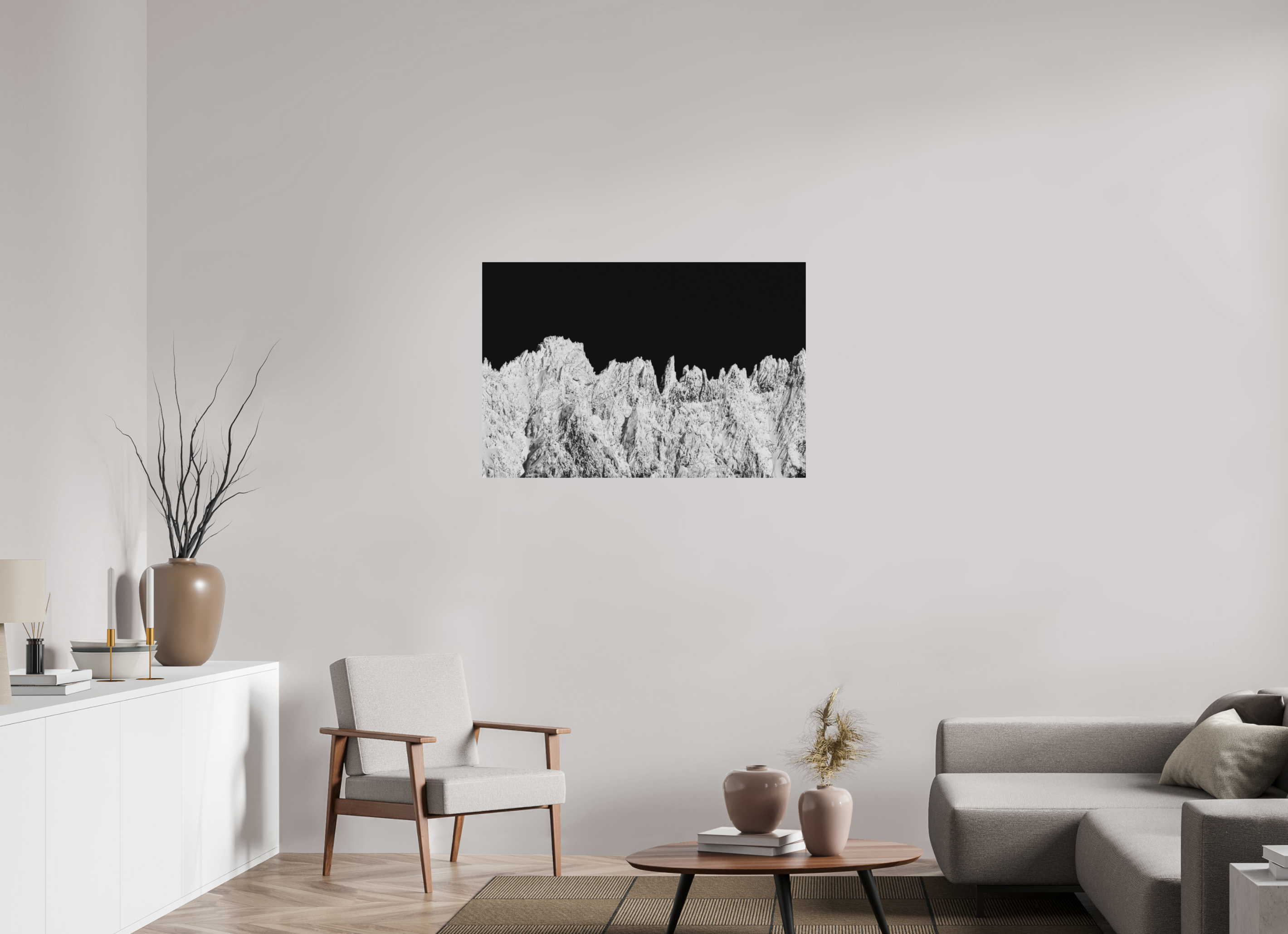 105 x 70 cm, Tirage Fine Art Premium + Chaîne de piques – Aiguilles hivernales en noir et blanc