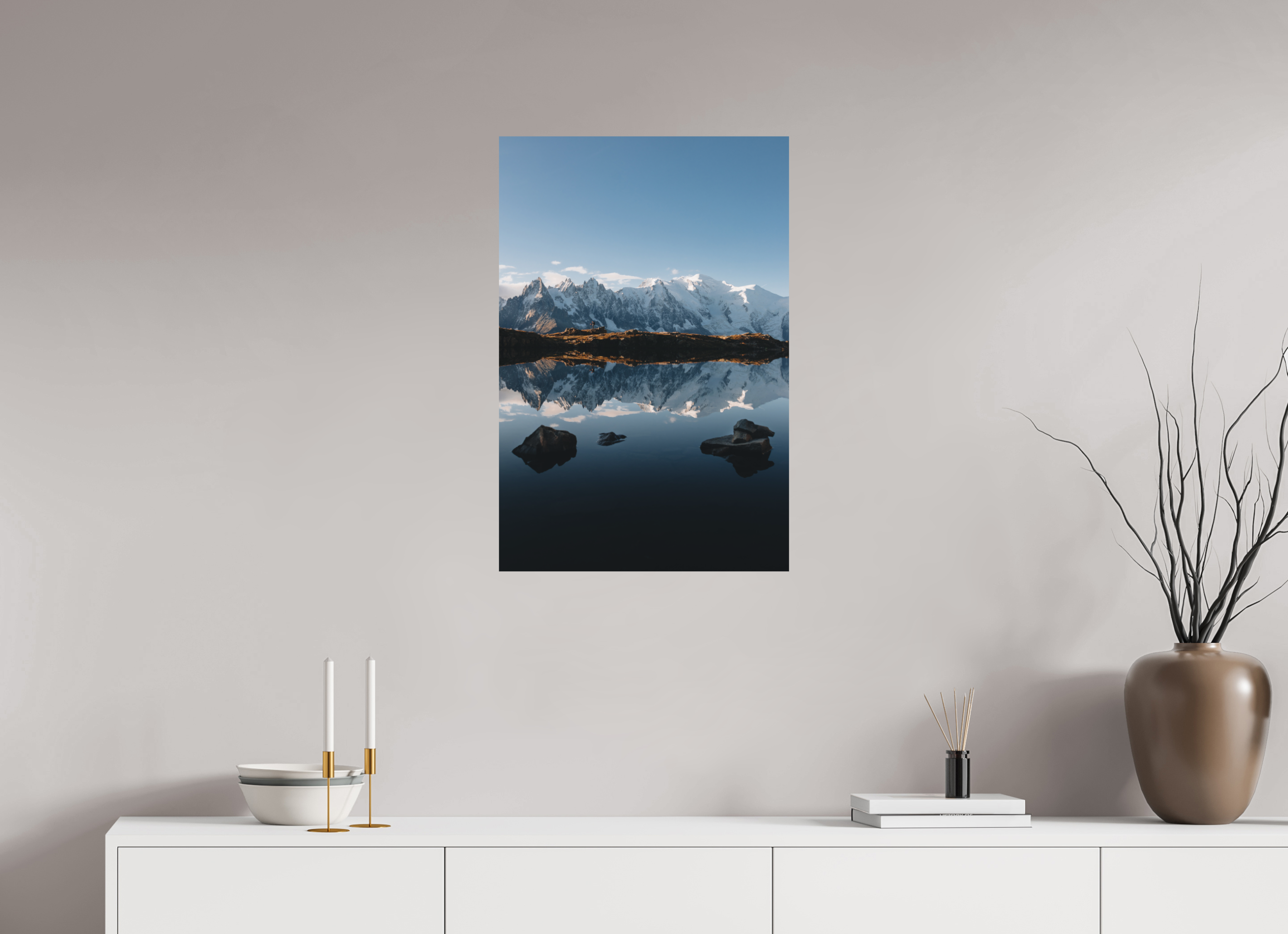 50 x 75 cm, Tirage Fine Art (Papier Mat) Mont-Blanc en miroir sur le lac des Cheserys