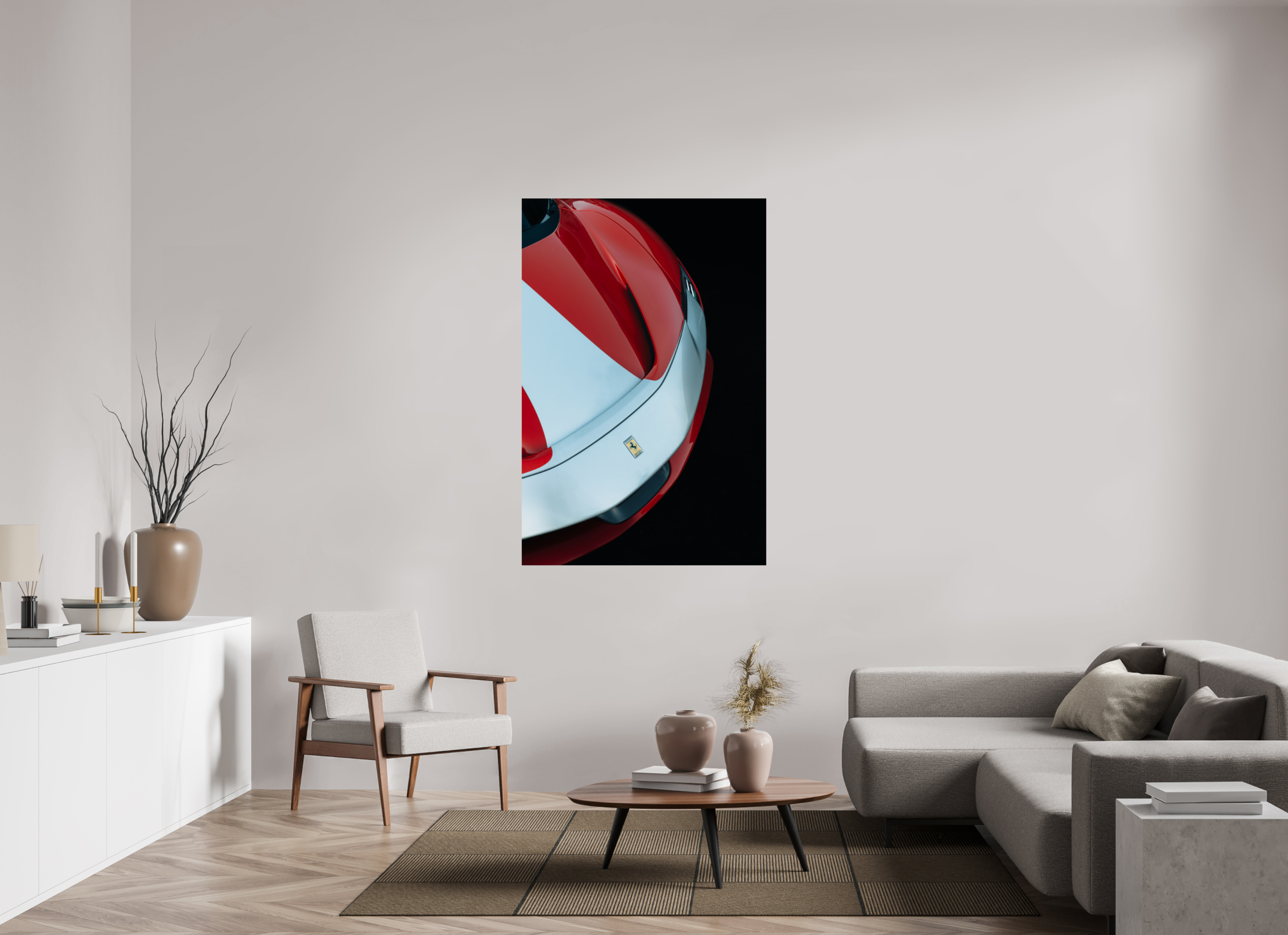 100 x 150 cm, Tirage Fine Art Premium Ferrari SF90 Rouge et Blanche – Vue Avant Gauche